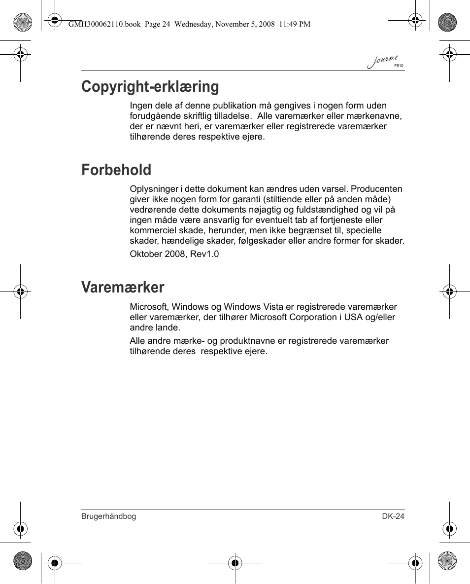 Copyright-erklæring, Forbehold, Varemærker | Toshiba JournE F810 User Manual | Page 81 / 308
