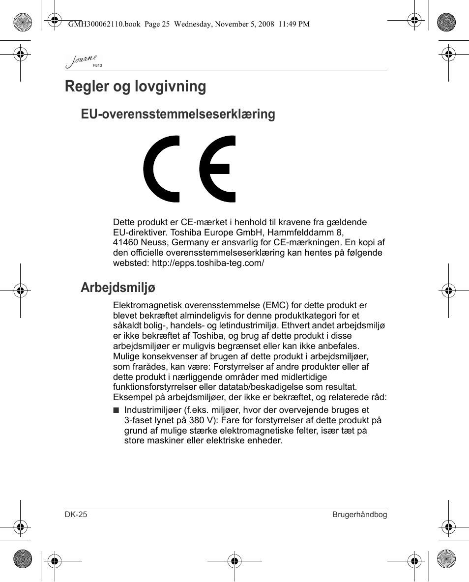 Regler og lovgivning, Eu-overensstemmelseserklæring, Arbejdsmiljø | Toshiba JournE F810 User Manual | Page 82 / 308
