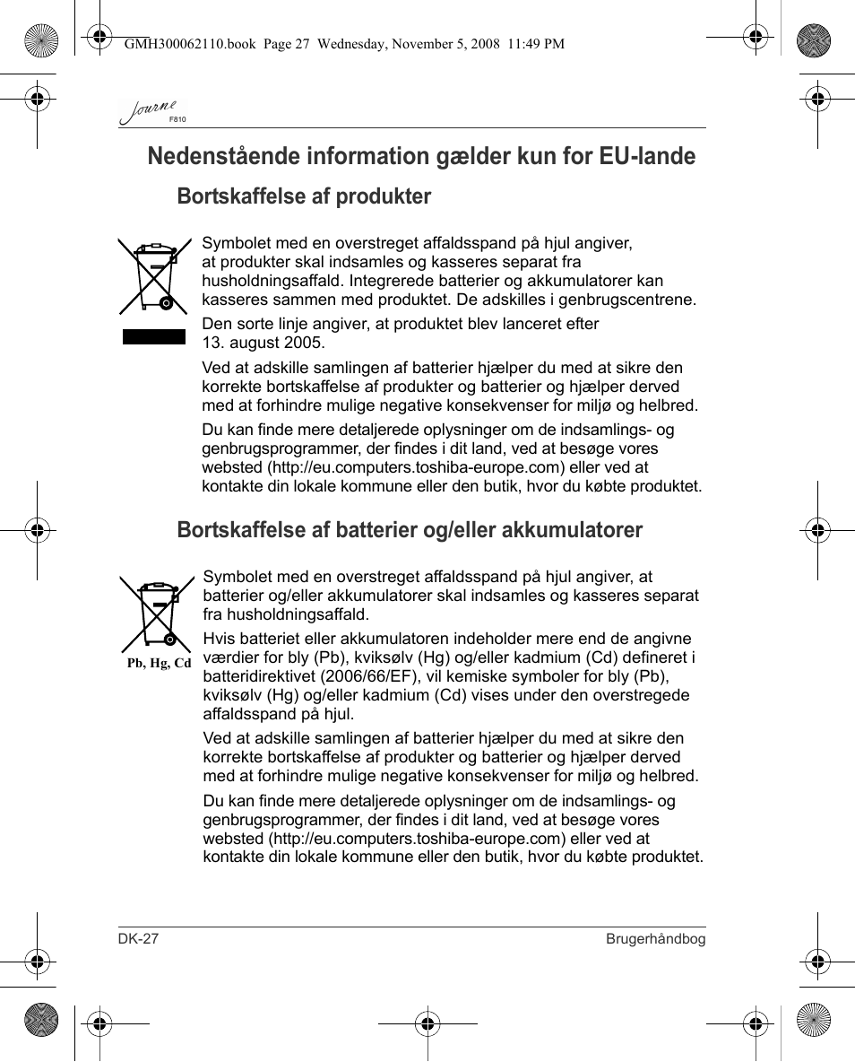 Nedenstående information gælder kun for eu-lande | Toshiba JournE F810 User Manual | Page 84 / 308