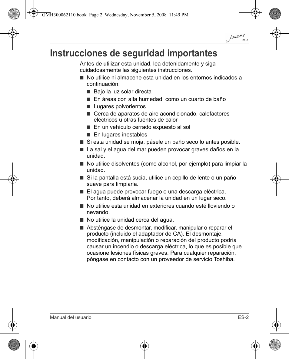 Instrucciones de seguridad importantes | Toshiba JournE F810 User Manual | Page 87 / 308