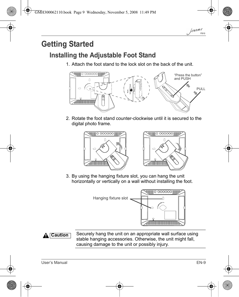 Getting started, Installing the adjustable foot stand | Toshiba JournE F810 User Manual | Page 9 / 308