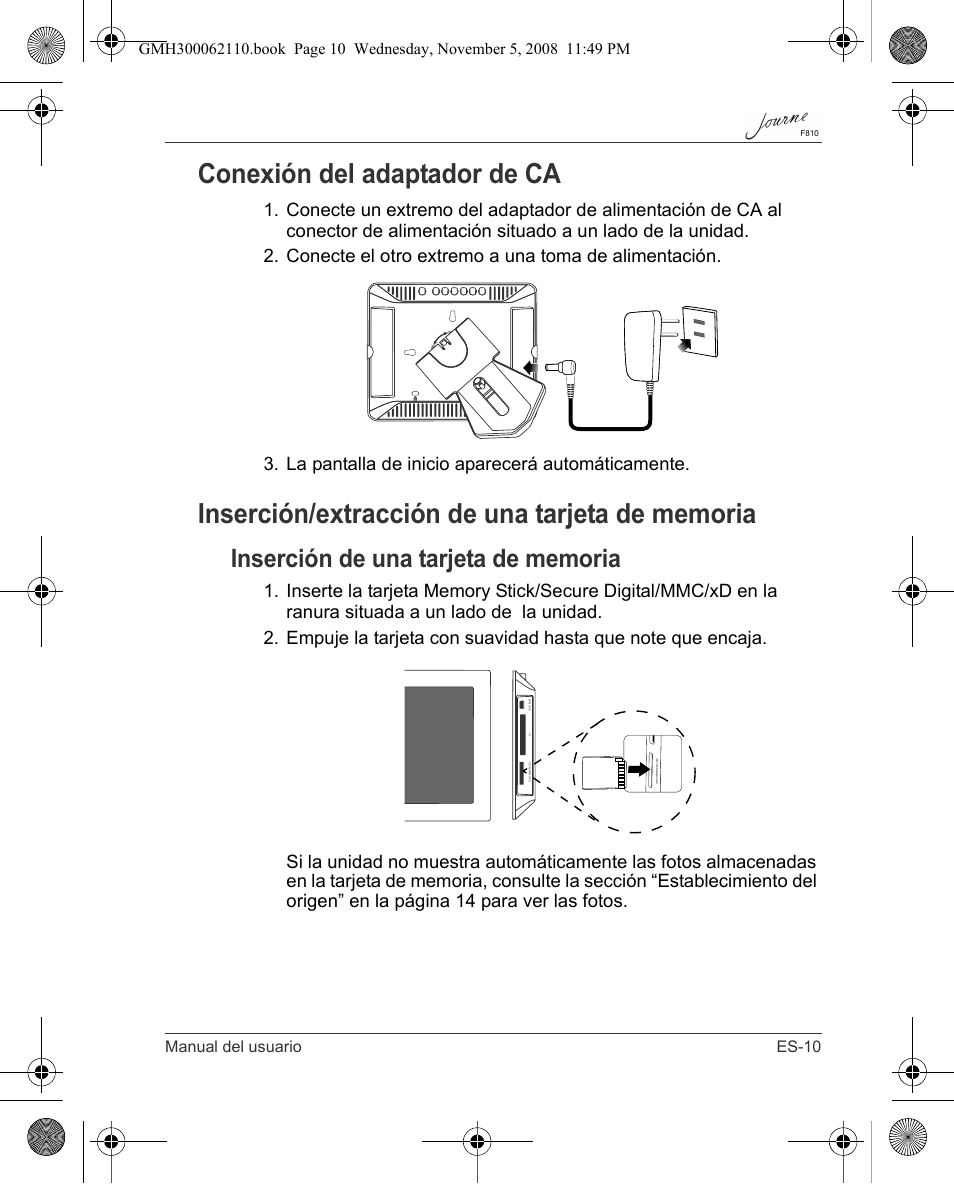 Conexión del adaptador de ca, Manual del usuario es-10 | Toshiba JournE F810 User Manual | Page 95 / 308