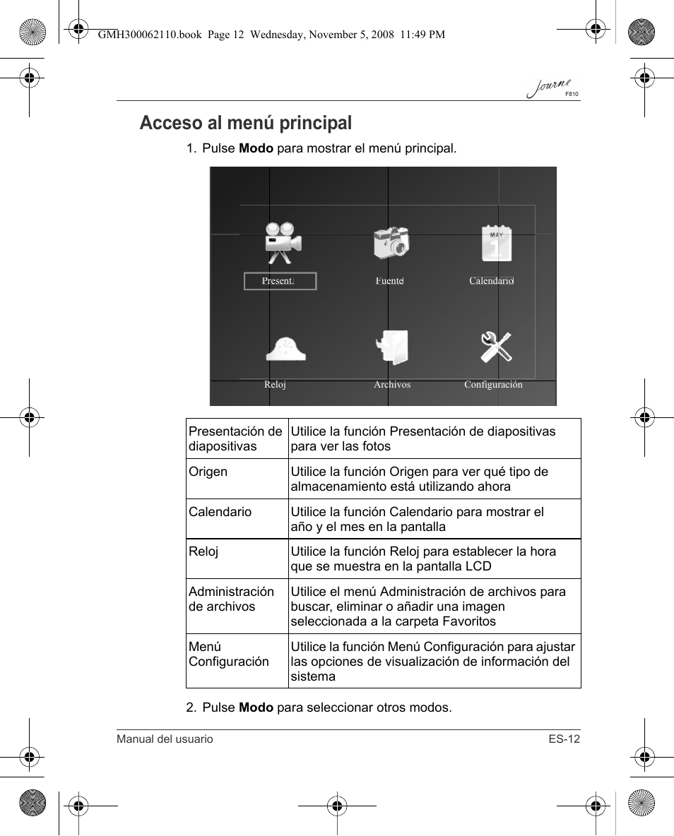 Acceso al menú principal | Toshiba JournE F810 User Manual | Page 97 / 308