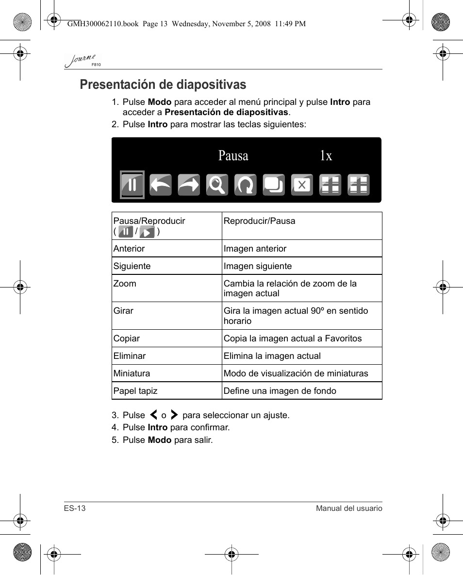 Pausa 1x, Presentación de diapositivas | Toshiba JournE F810 User Manual | Page 98 / 308