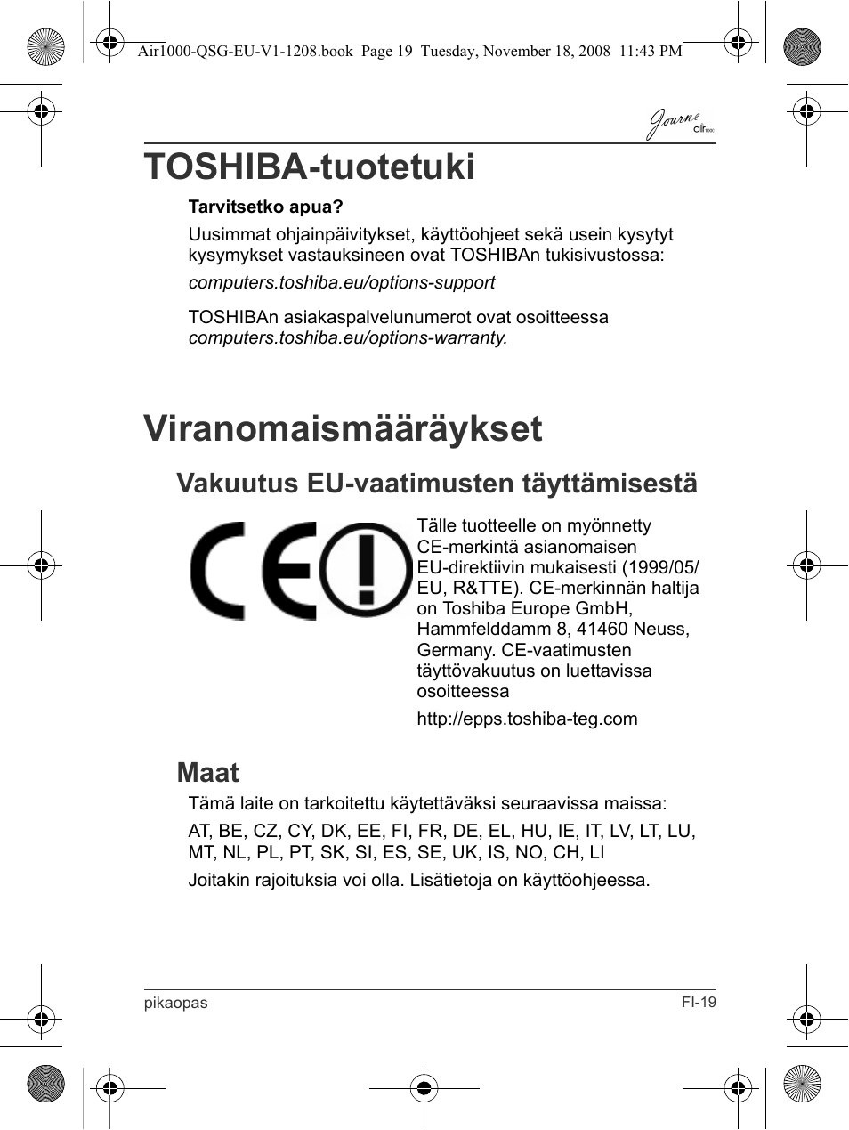 Toshiba-tuotetuki, Viranomaismääräykset, Vakuutus eu-vaatimusten täyttämisestä maat | Toshiba JournE Air1000 User Manual | Page 113 / 256