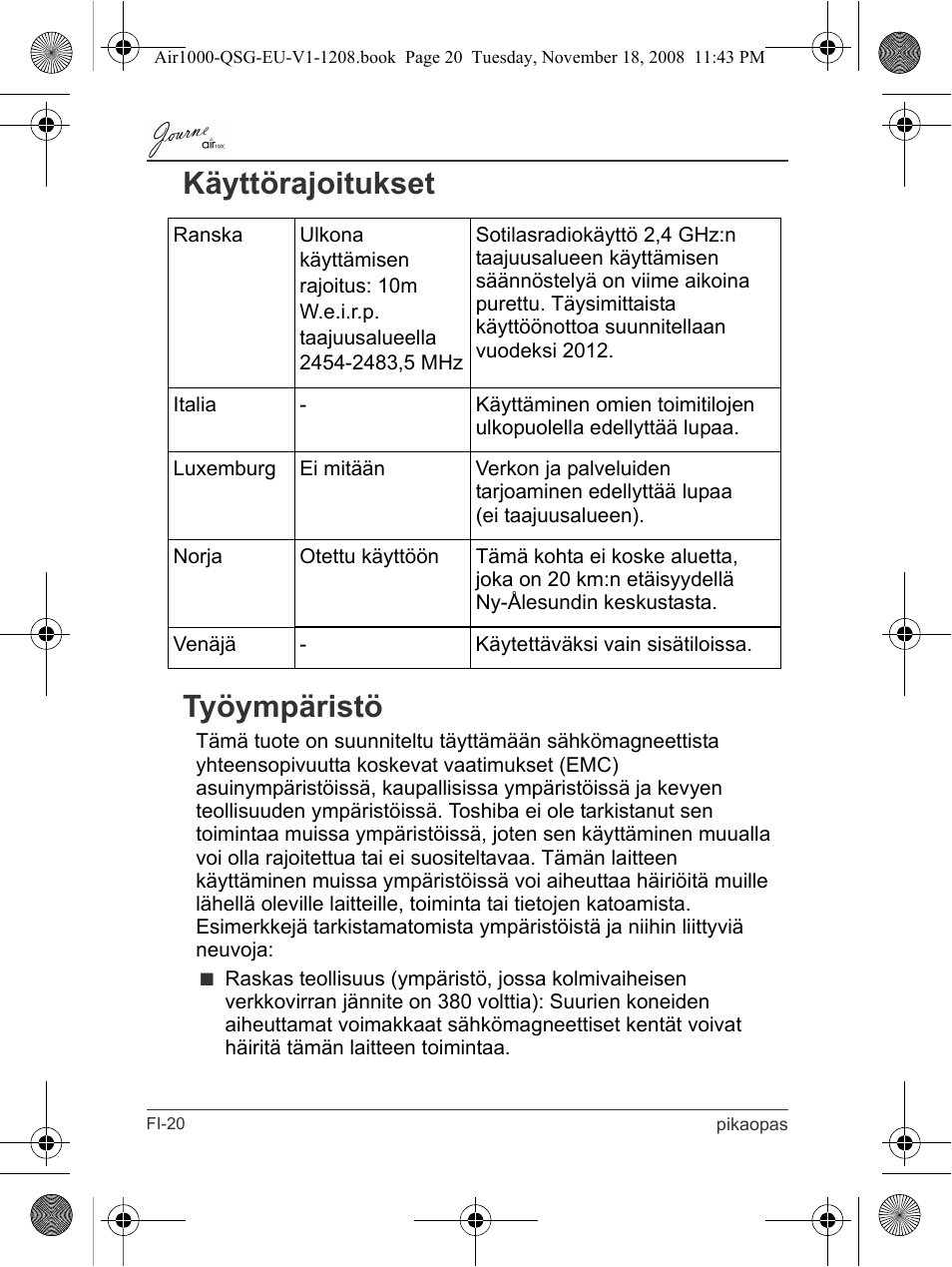 Käyttörajoitukset työympäristö | Toshiba JournE Air1000 User Manual | Page 114 / 256