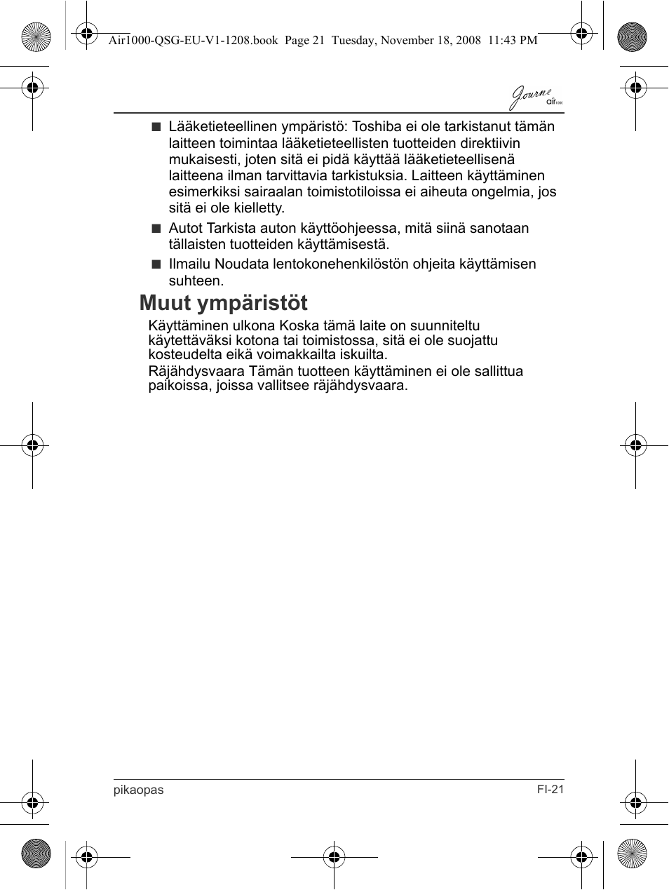 Muut ympäristöt | Toshiba JournE Air1000 User Manual | Page 115 / 256