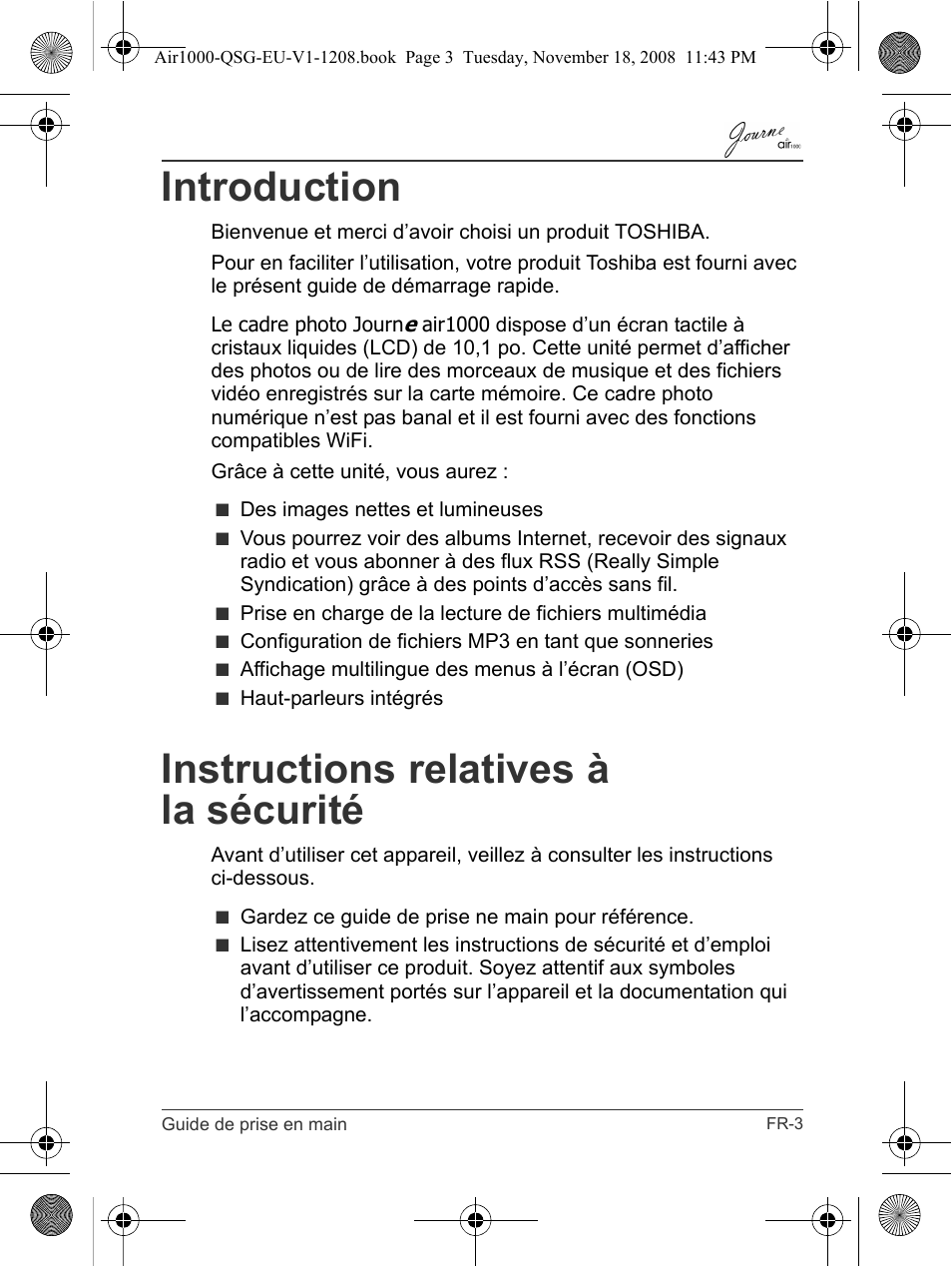Introduction, Instructions relatives à la sécurité | Toshiba JournE Air1000 User Manual | Page 119 / 256