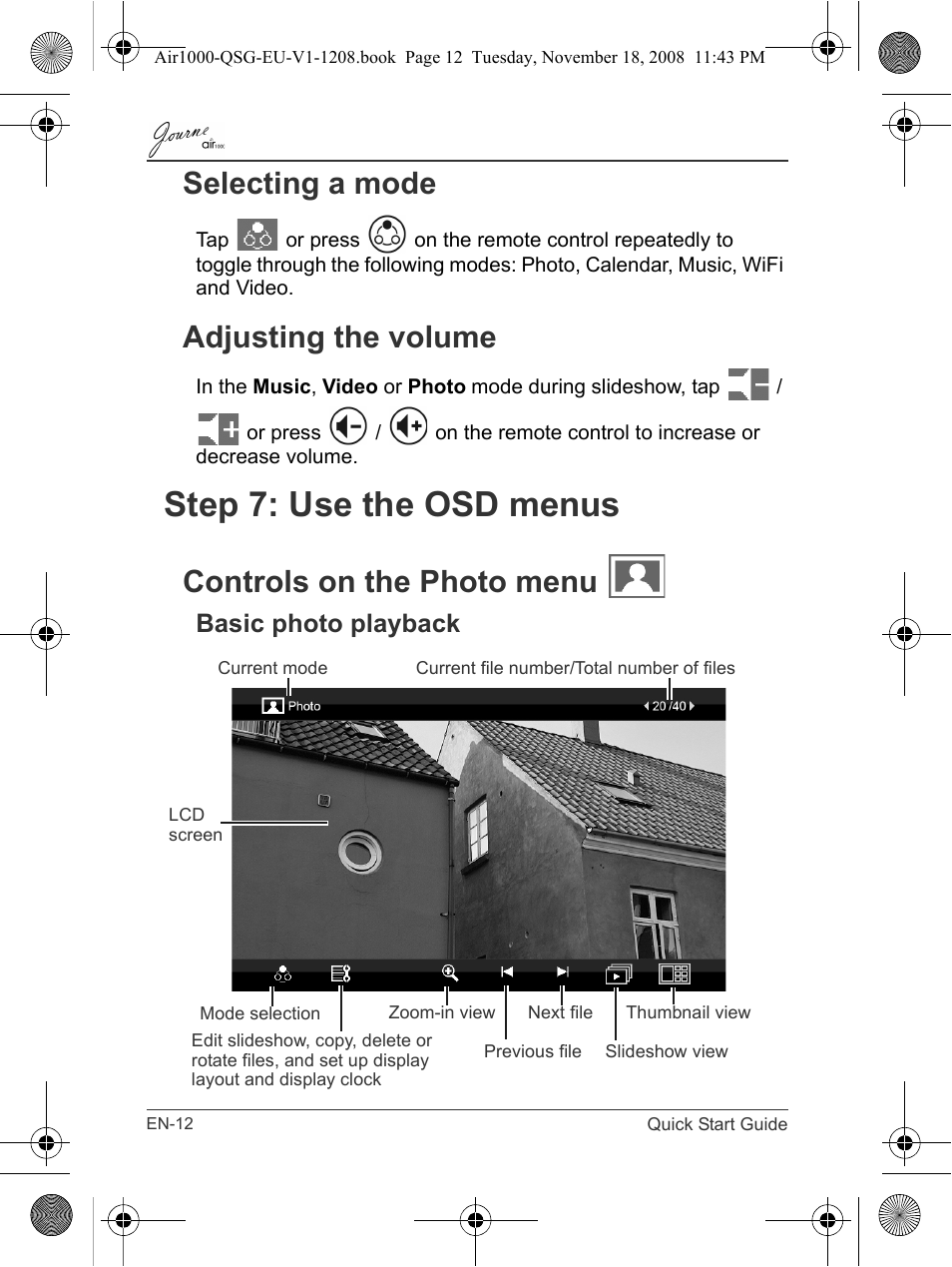 Selecting a mode adjusting the volume, Step 7: use the osd menus, Controls on the photo menu | Basic photo playback, Selecting a mode, Adjusting the volume | Toshiba JournE Air1000 User Manual | Page 12 / 256