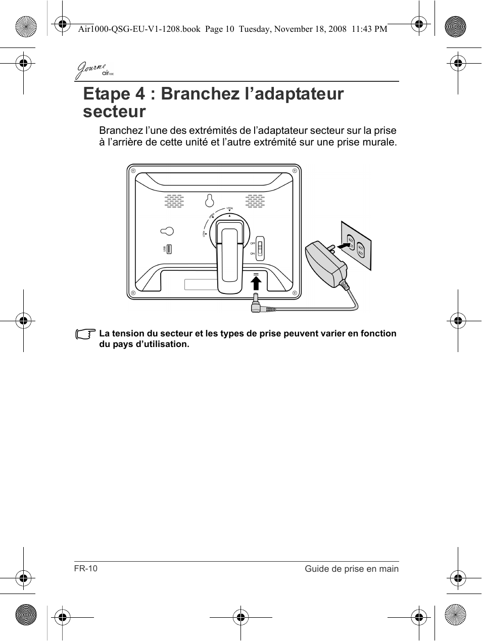 Etape 4 : branchez l’adaptateur secteur | Toshiba JournE Air1000 User Manual | Page 126 / 256