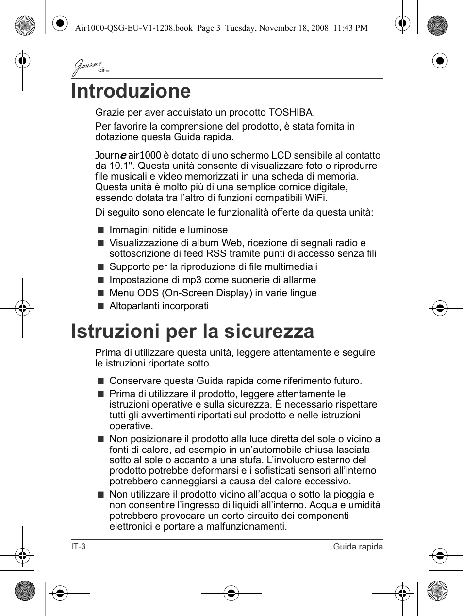 Introduzione, Istruzioni per la sicurezza | Toshiba JournE Air1000 User Manual | Page 144 / 256