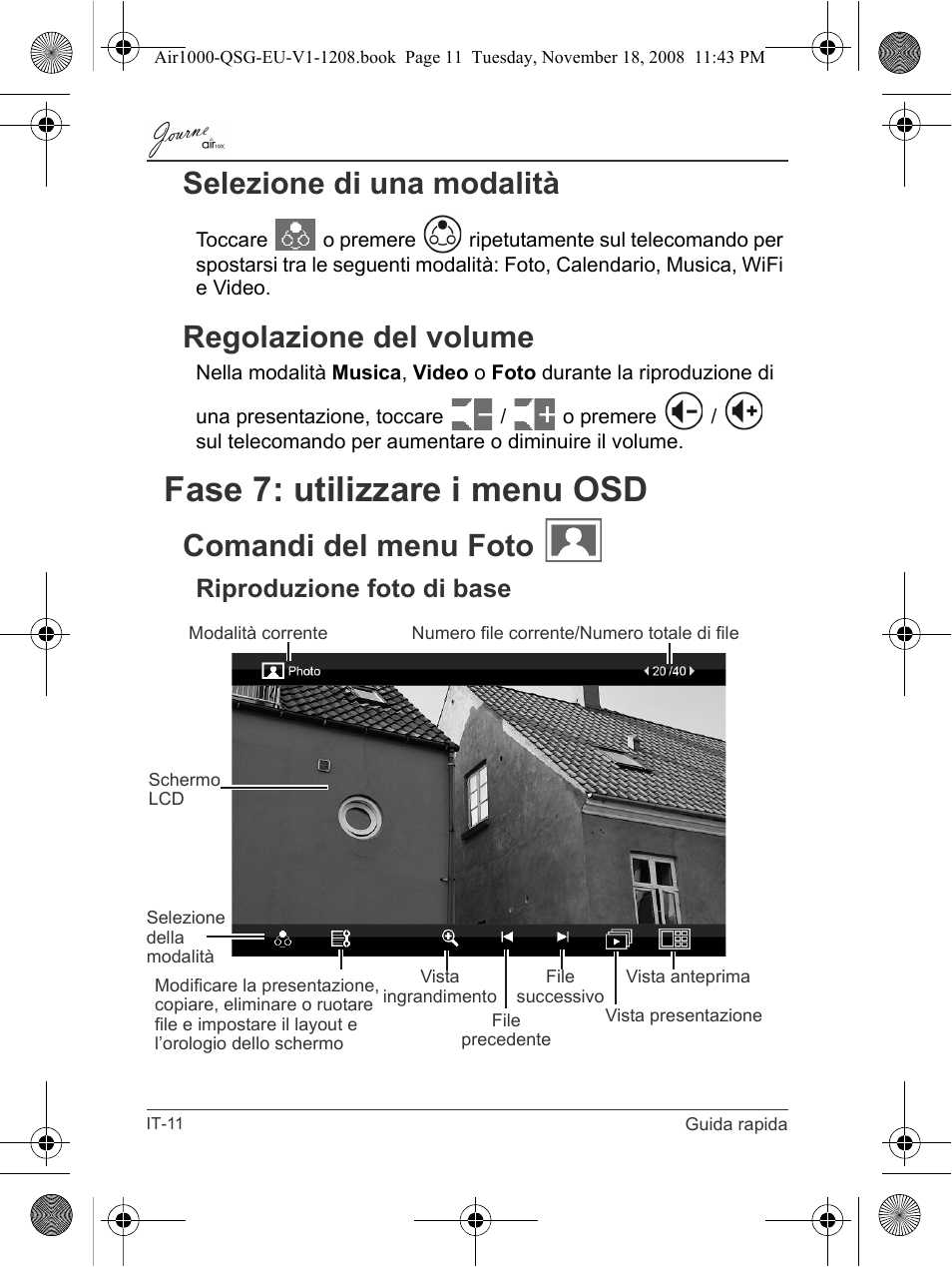 Selezione di una modalità regolazione del volume, Fase 7: utilizzare i menu osd, Comandi del menu foto | Riproduzione foto di base, Selezione di una modalità, Regolazione del volume | Toshiba JournE Air1000 User Manual | Page 152 / 256