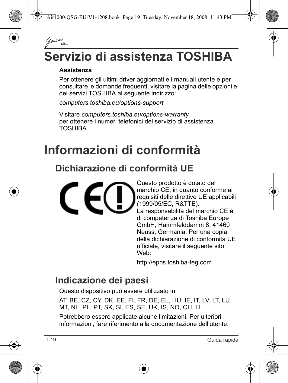 Servizio di assistenza toshiba, Informazioni di conformità | Toshiba JournE Air1000 User Manual | Page 160 / 256