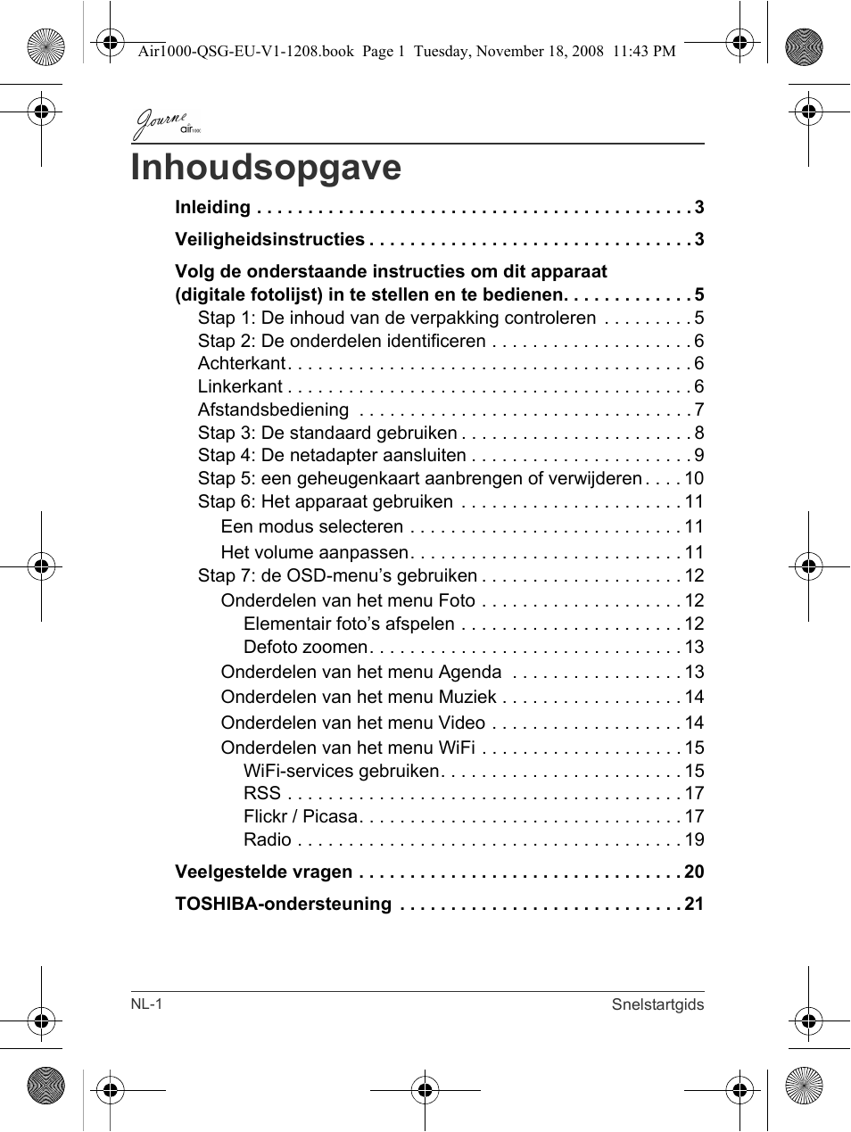 Inhoudsopgave | Toshiba JournE Air1000 User Manual | Page 164 / 256