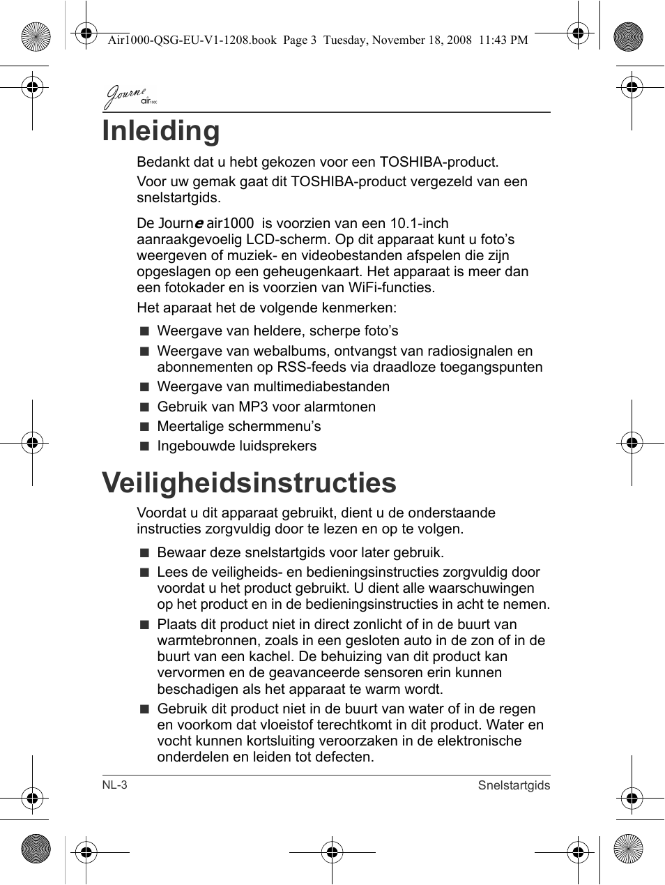 Inleiding, Veiligheidsinstructies | Toshiba JournE Air1000 User Manual | Page 166 / 256