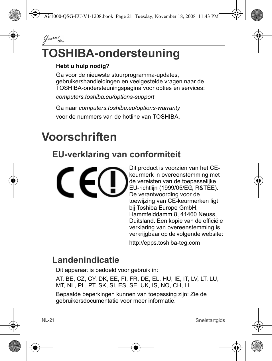 Toshiba-ondersteuning, Voorschriften, Eu-verklaring van conformiteit landenindicatie | Toshiba JournE Air1000 User Manual | Page 184 / 256