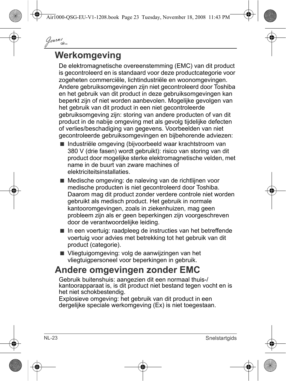 Werkomgeving andere omgevingen zonder emc, Werkomgeving, Andere omgevingen zonder emc | Toshiba JournE Air1000 User Manual | Page 186 / 256