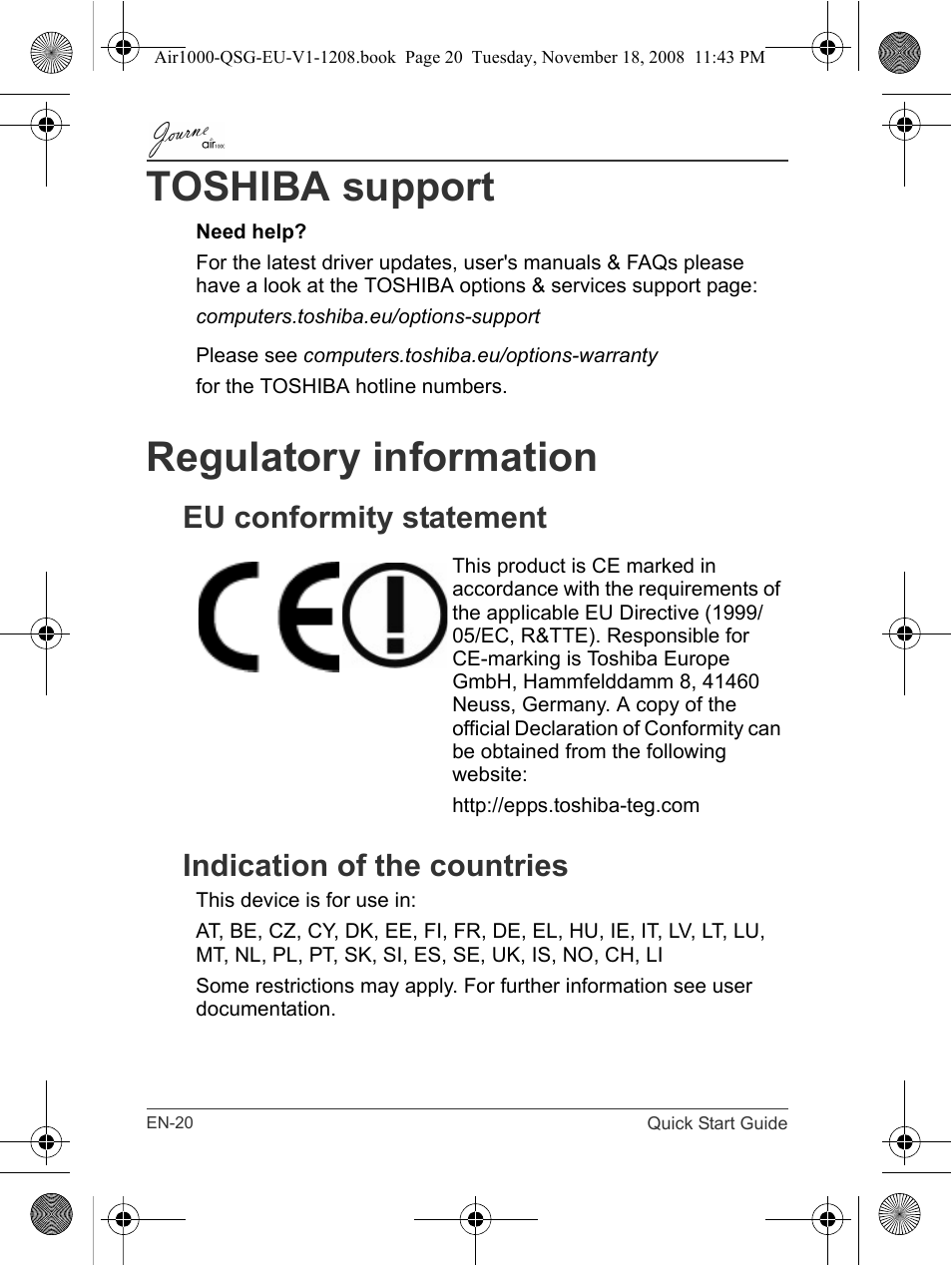 Toshiba support, Regulatory information | Toshiba JournE Air1000 User Manual | Page 20 / 256