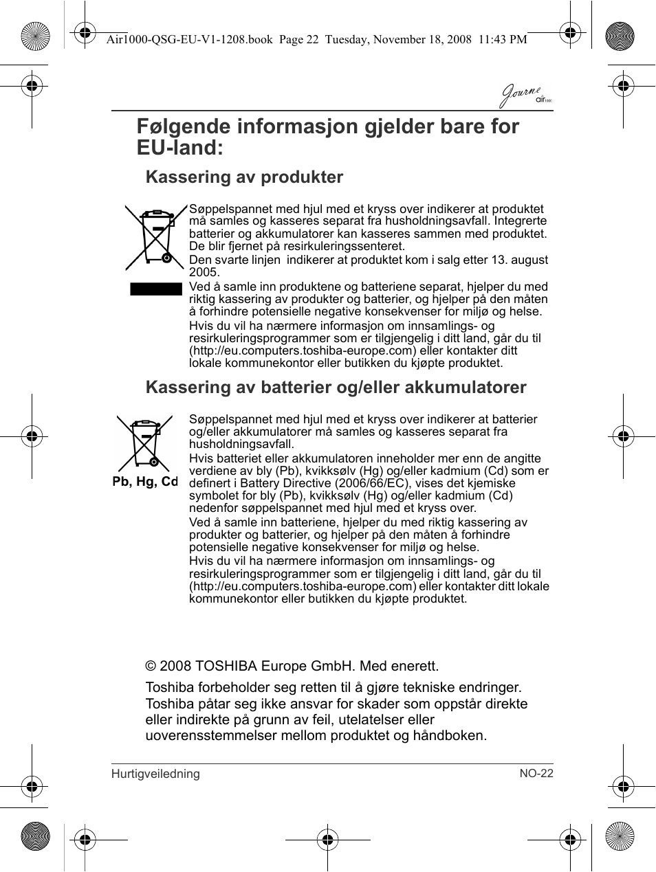 Følgende informasjon gjelder bare for eu-land | Toshiba JournE Air1000 User Manual | Page 209 / 256