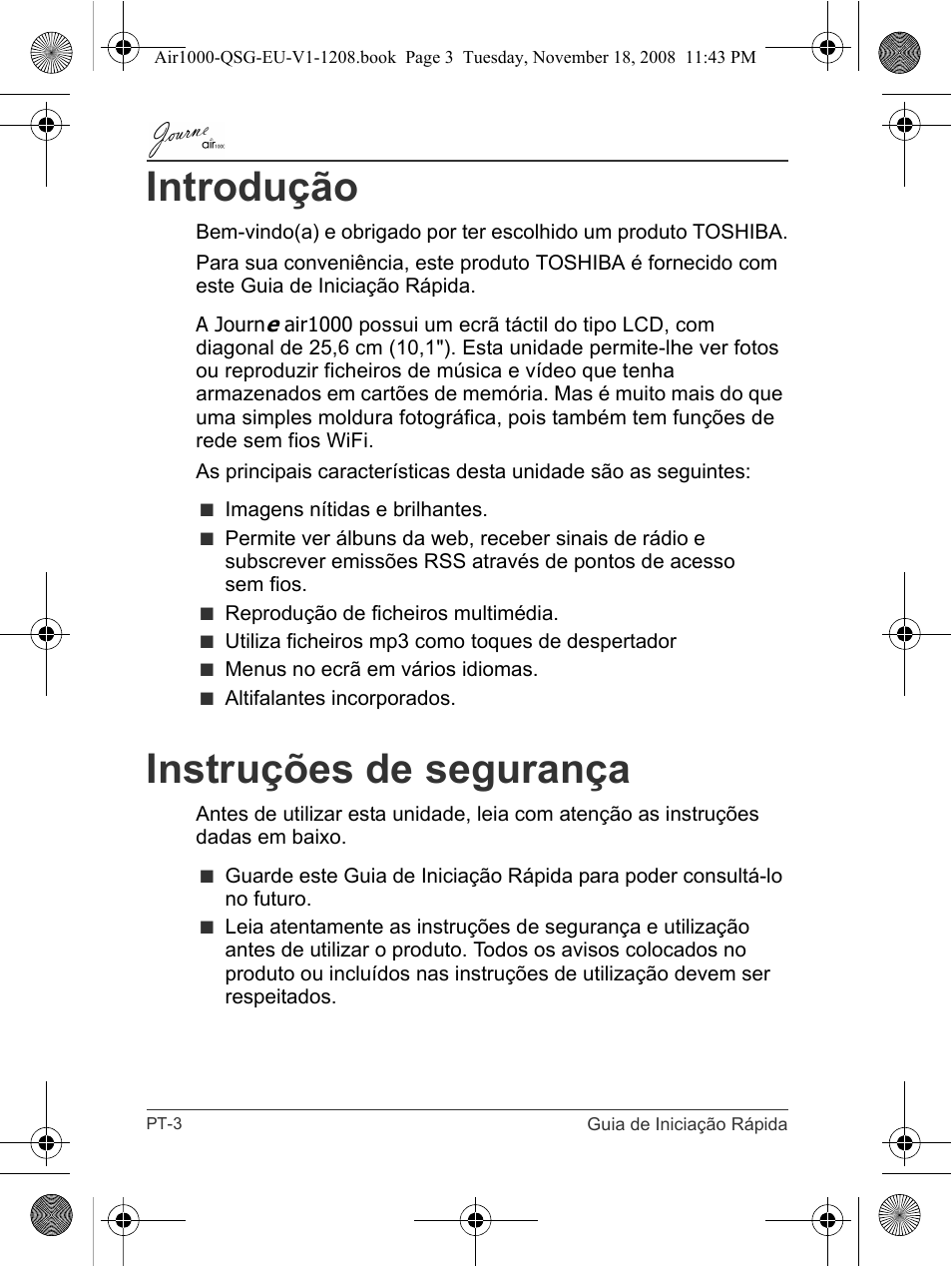 Introdução, Instruções de segurança | Toshiba JournE Air1000 User Manual | Page 212 / 256