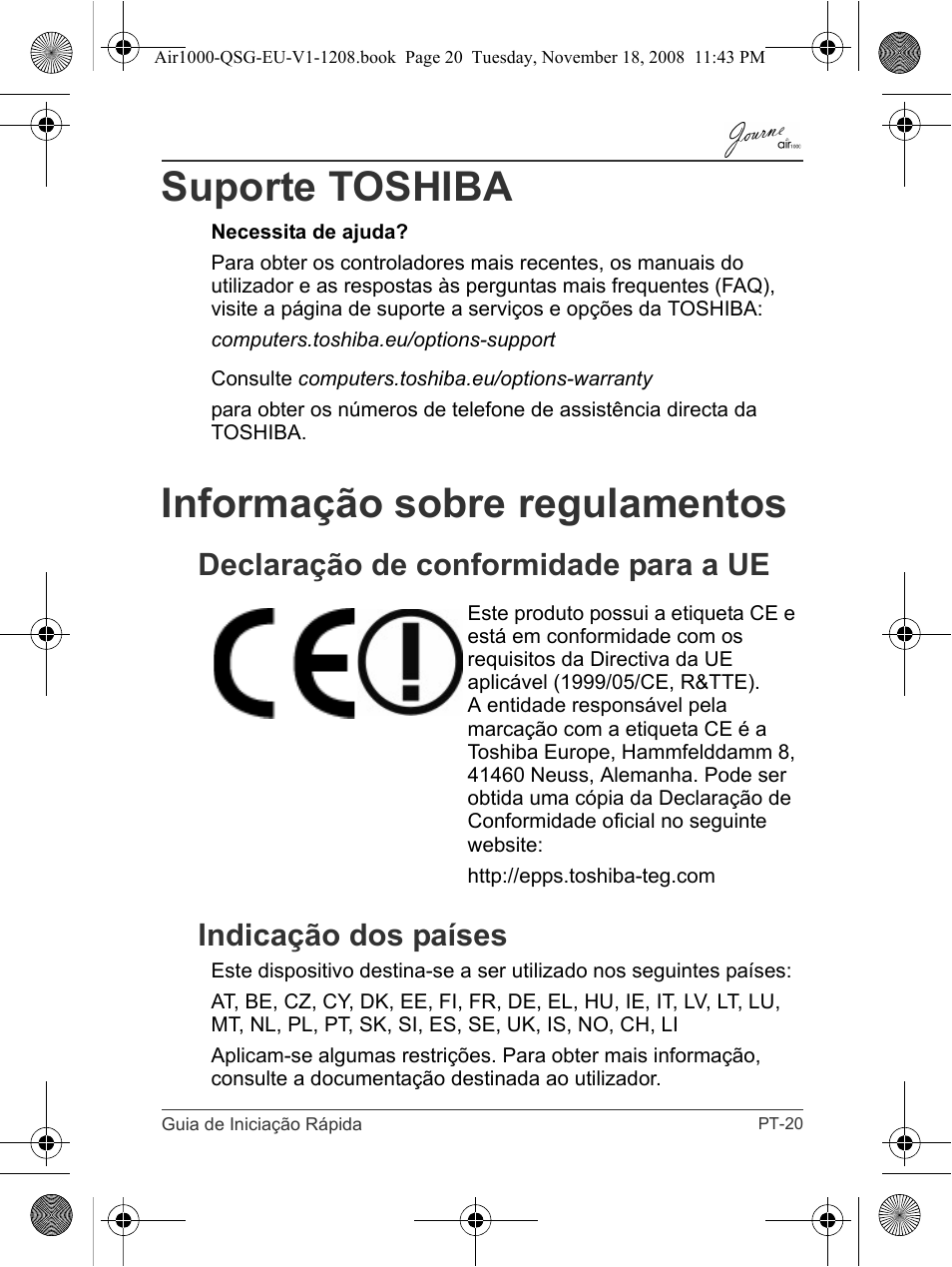 Suporte toshiba, Informação sobre regulamentos | Toshiba JournE Air1000 User Manual | Page 229 / 256