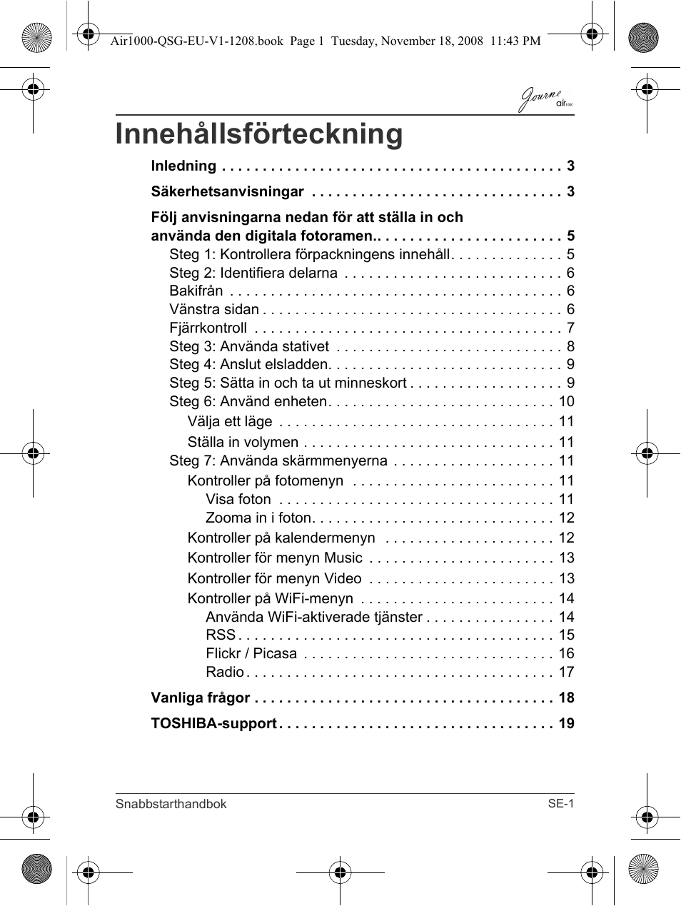 Innehållsförteckning | Toshiba JournE Air1000 User Manual | Page 233 / 256