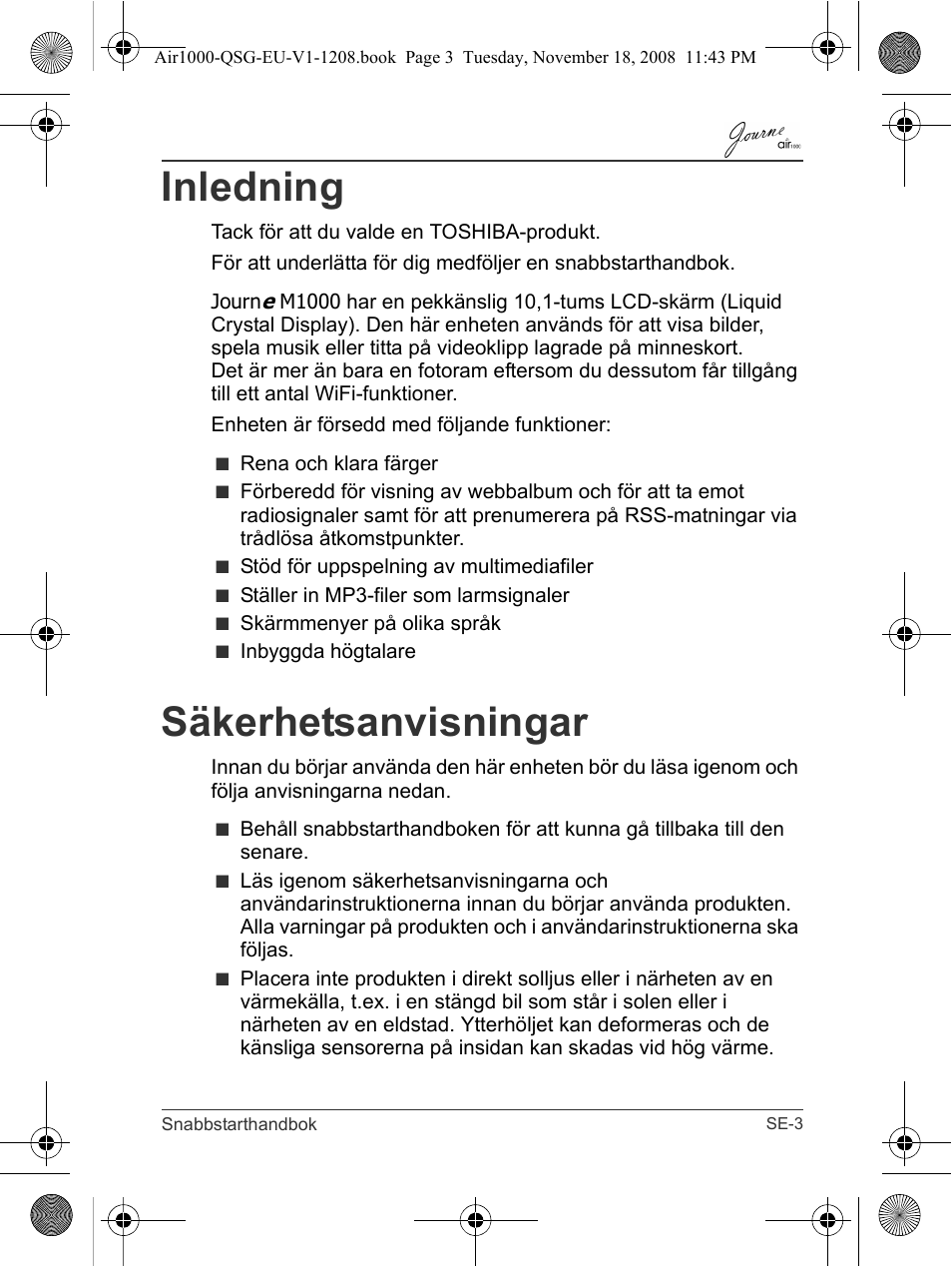 Inledning, Säkerhetsanvisningar | Toshiba JournE Air1000 User Manual | Page 235 / 256