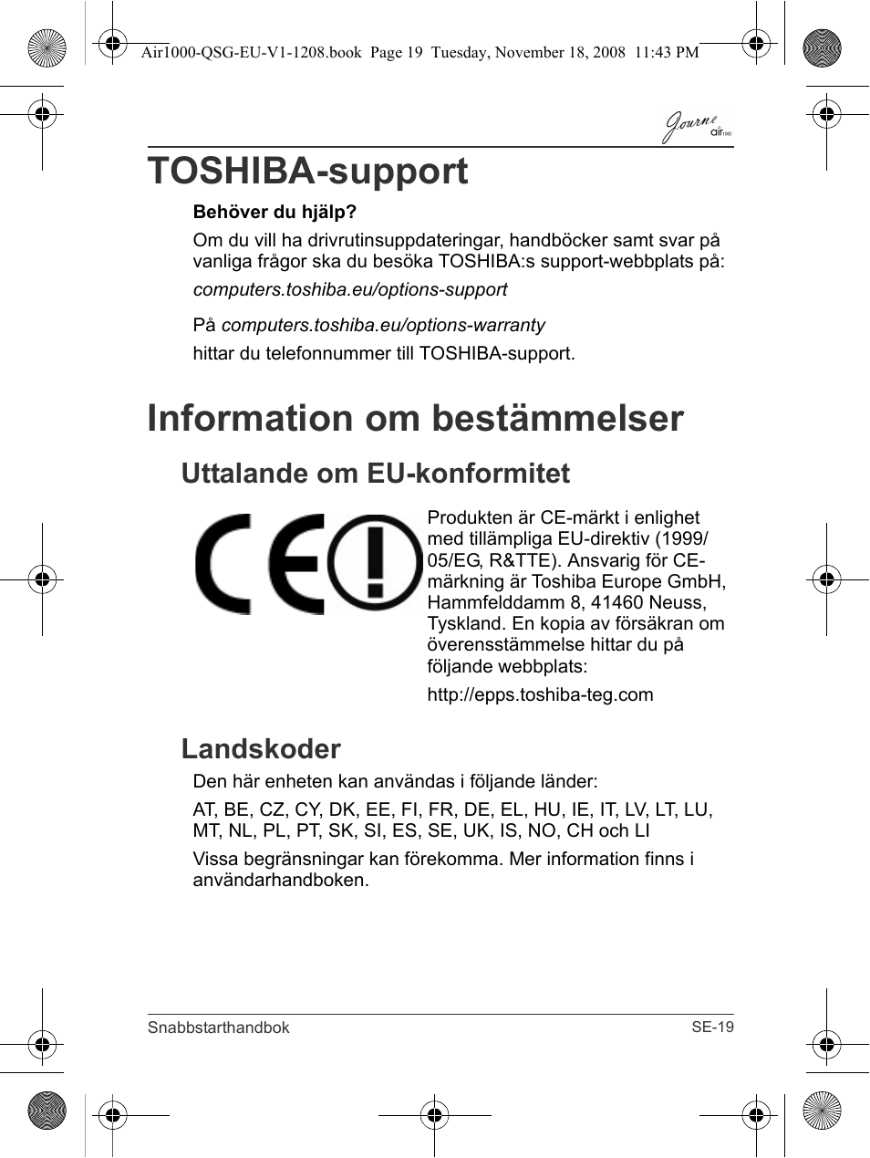 Toshiba-support, Information om bestämmelser, Uttalande om eu-konformitet landskoder | Toshiba JournE Air1000 User Manual | Page 251 / 256