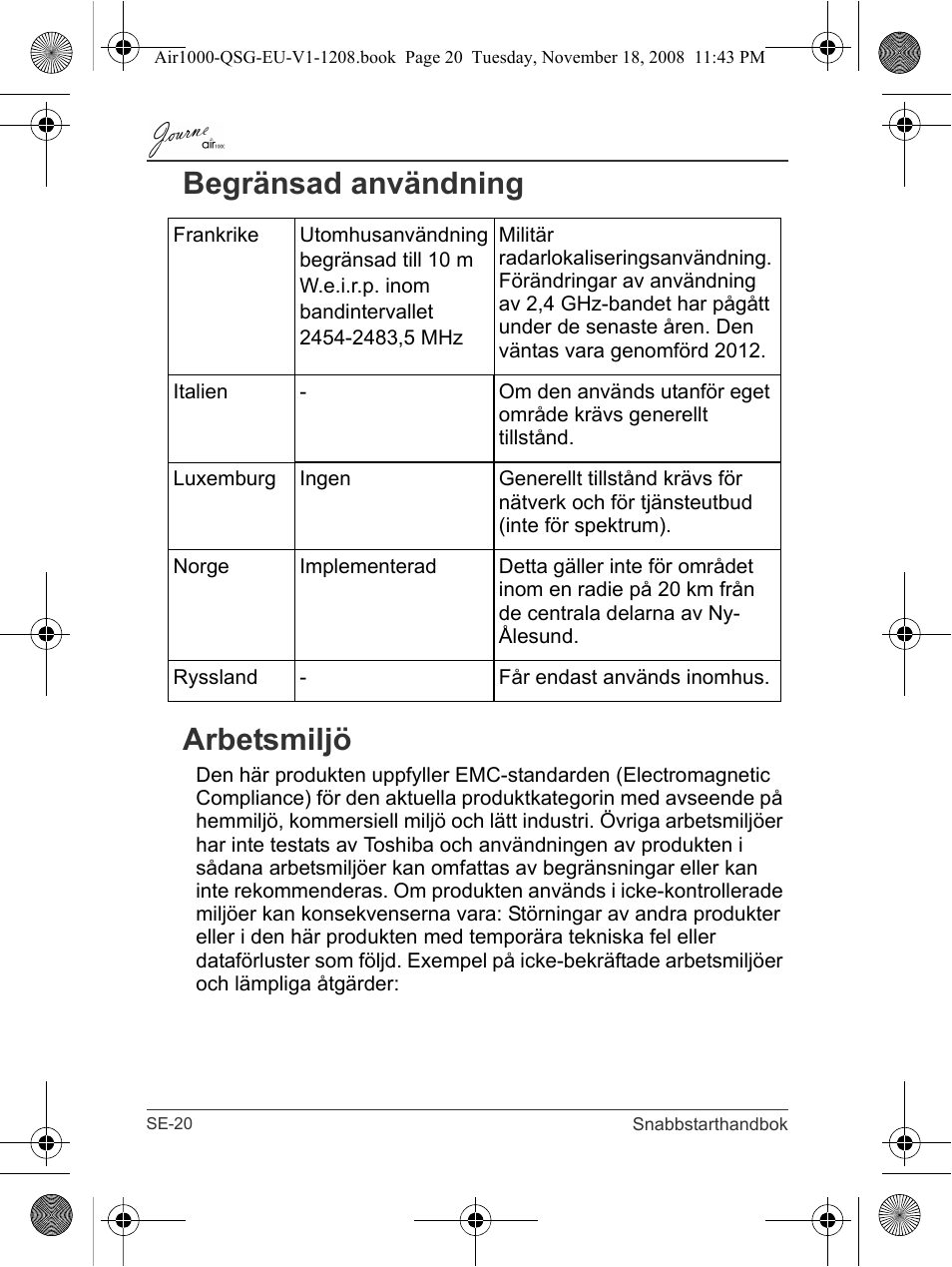 Begränsad användning arbetsmiljö | Toshiba JournE Air1000 User Manual | Page 252 / 256