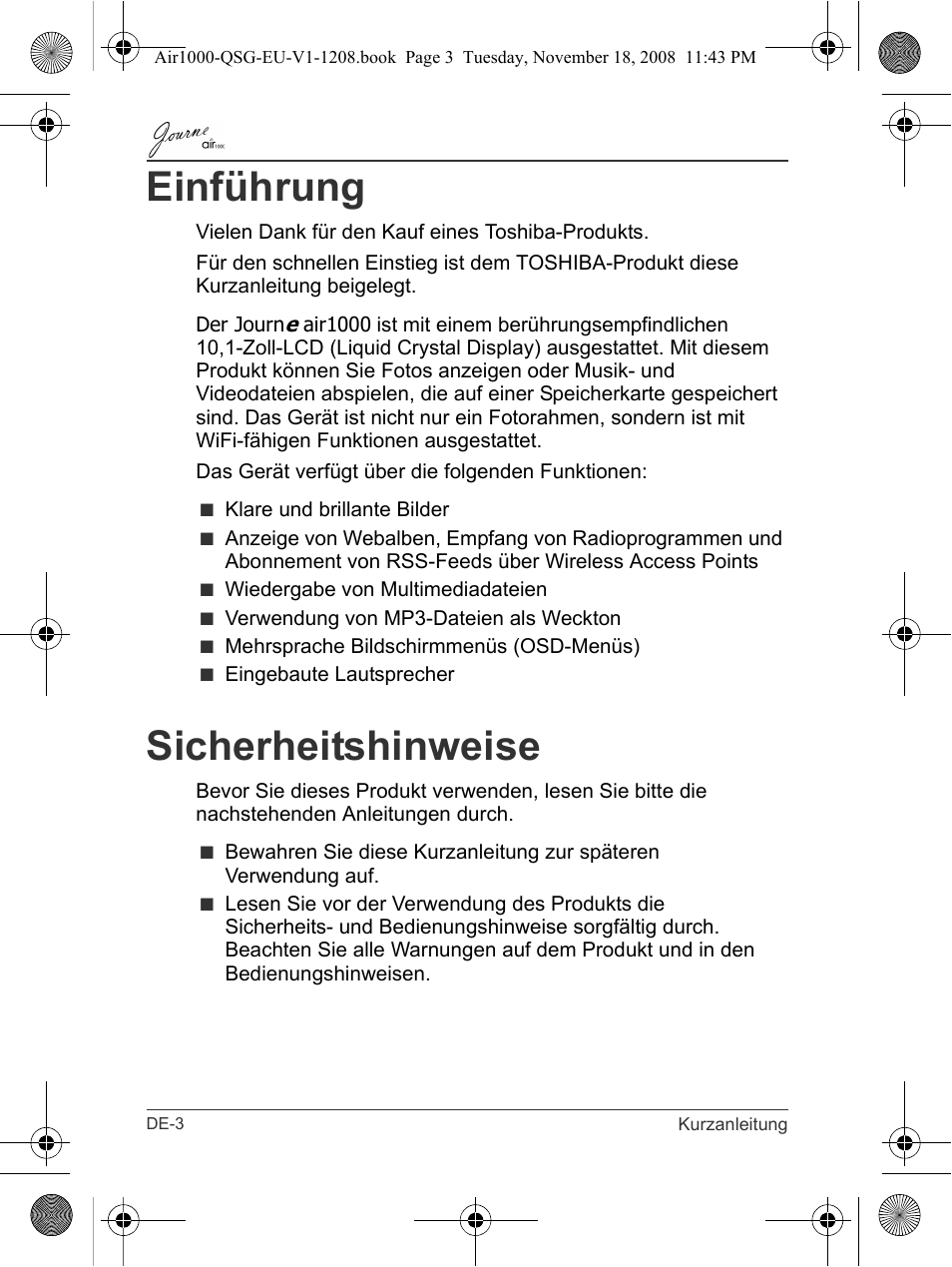 Sicherheitshinweise, Einführung | Toshiba JournE Air1000 User Manual | Page 26 / 256