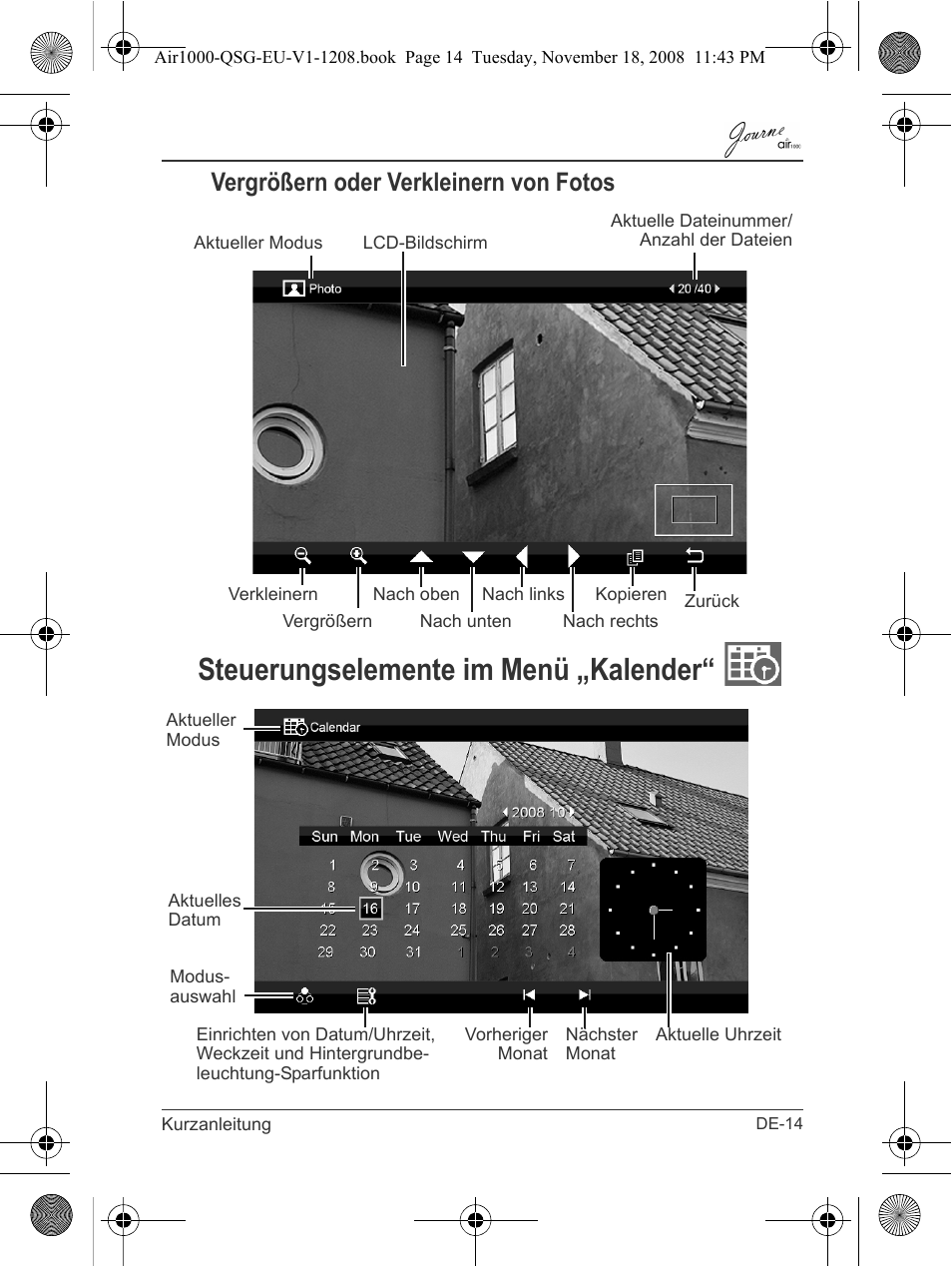 Vergrößern oder verkleinern von fotos, Steuerungselemente im menü „kalender | Toshiba JournE Air1000 User Manual | Page 37 / 256