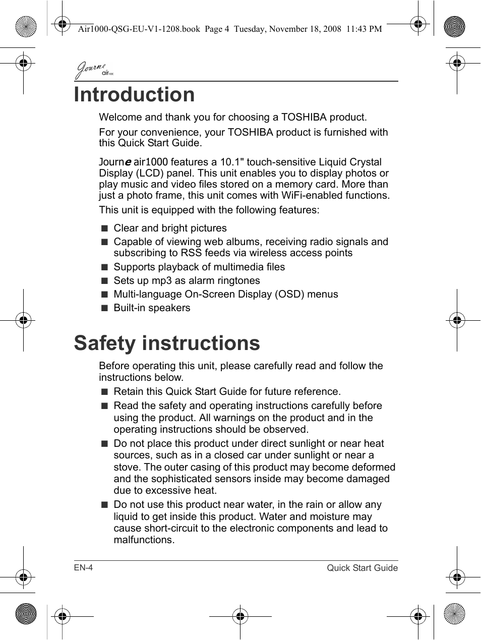 Introduction, Safety instructions | Toshiba JournE Air1000 User Manual | Page 4 / 256