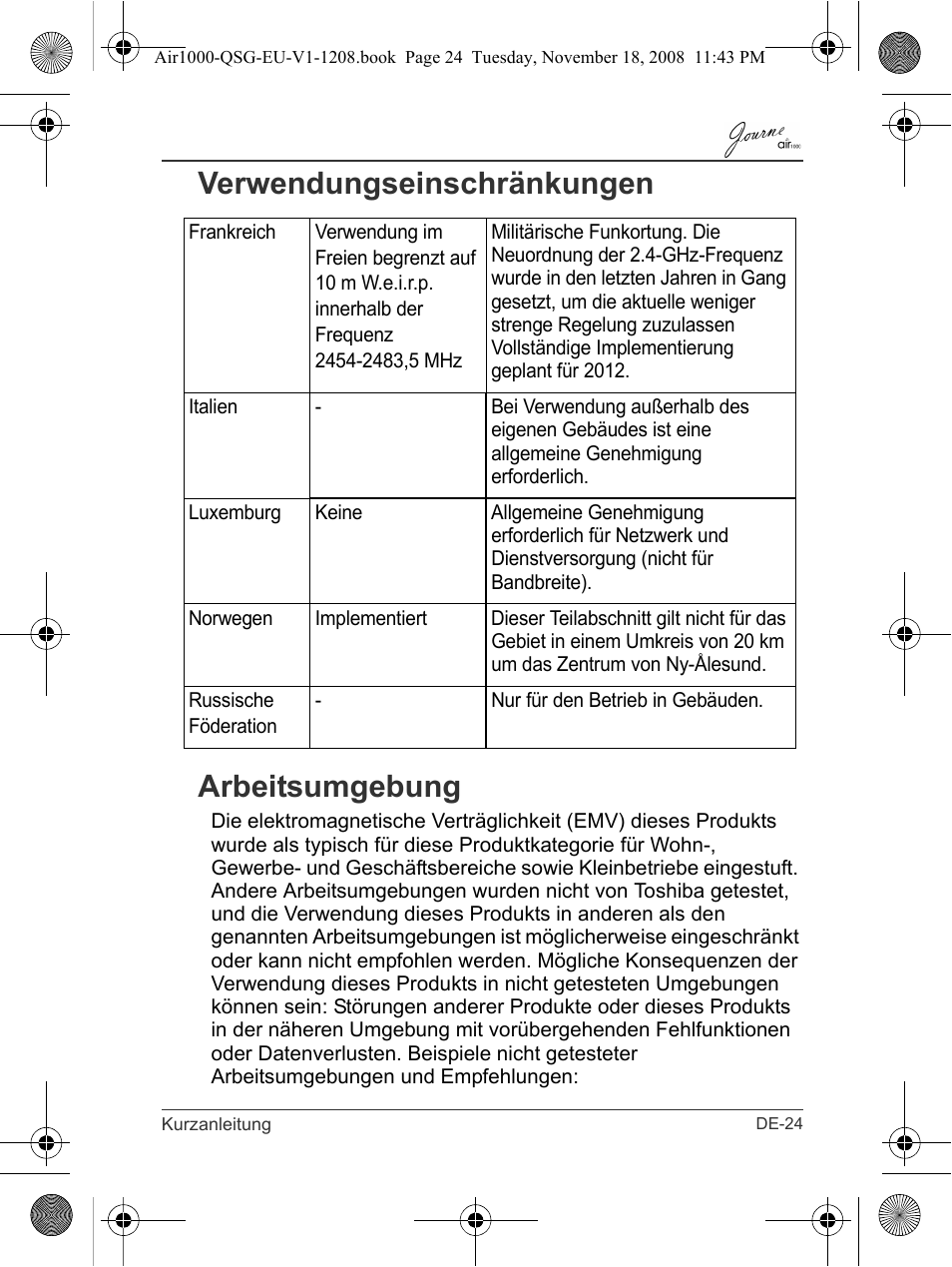 Verwendungseinschränkungen arbeitsumgebung | Toshiba JournE Air1000 User Manual | Page 47 / 256