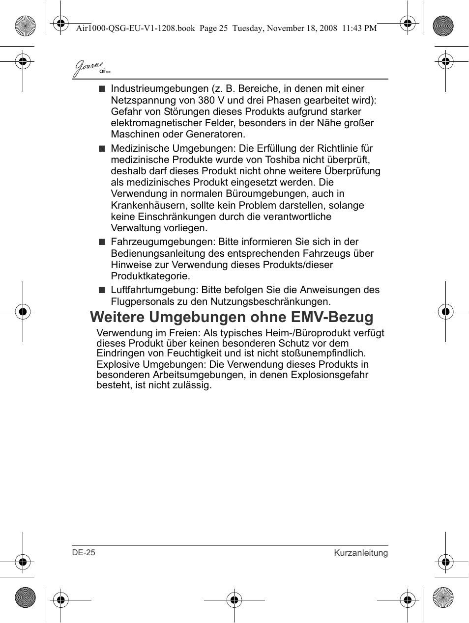 Weitere umgebungen ohne emv-bezug | Toshiba JournE Air1000 User Manual | Page 48 / 256