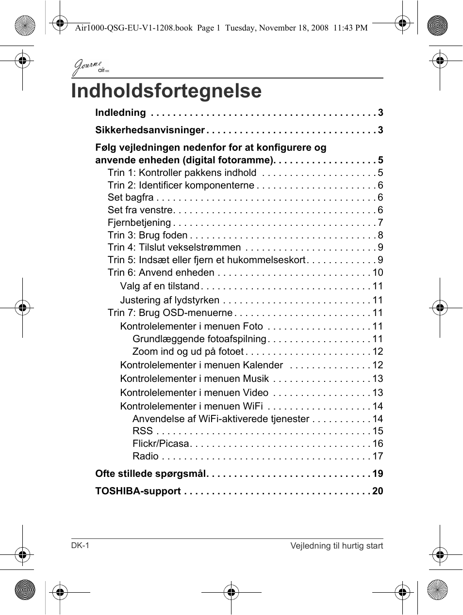 Indholdsfortegnelse | Toshiba JournE Air1000 User Manual | Page 50 / 256