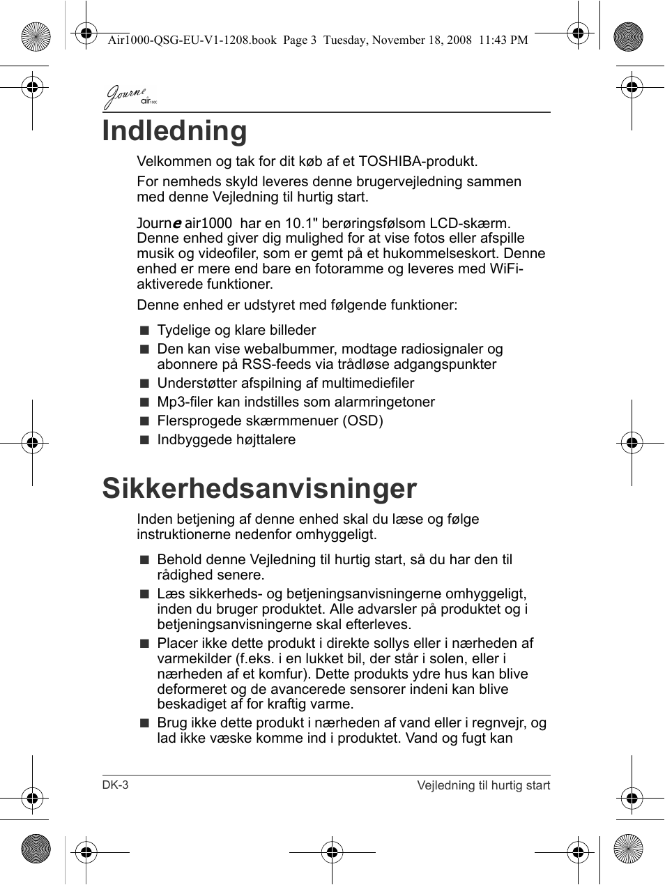 Indledning, Sikkerhedsanvisninger | Toshiba JournE Air1000 User Manual | Page 52 / 256