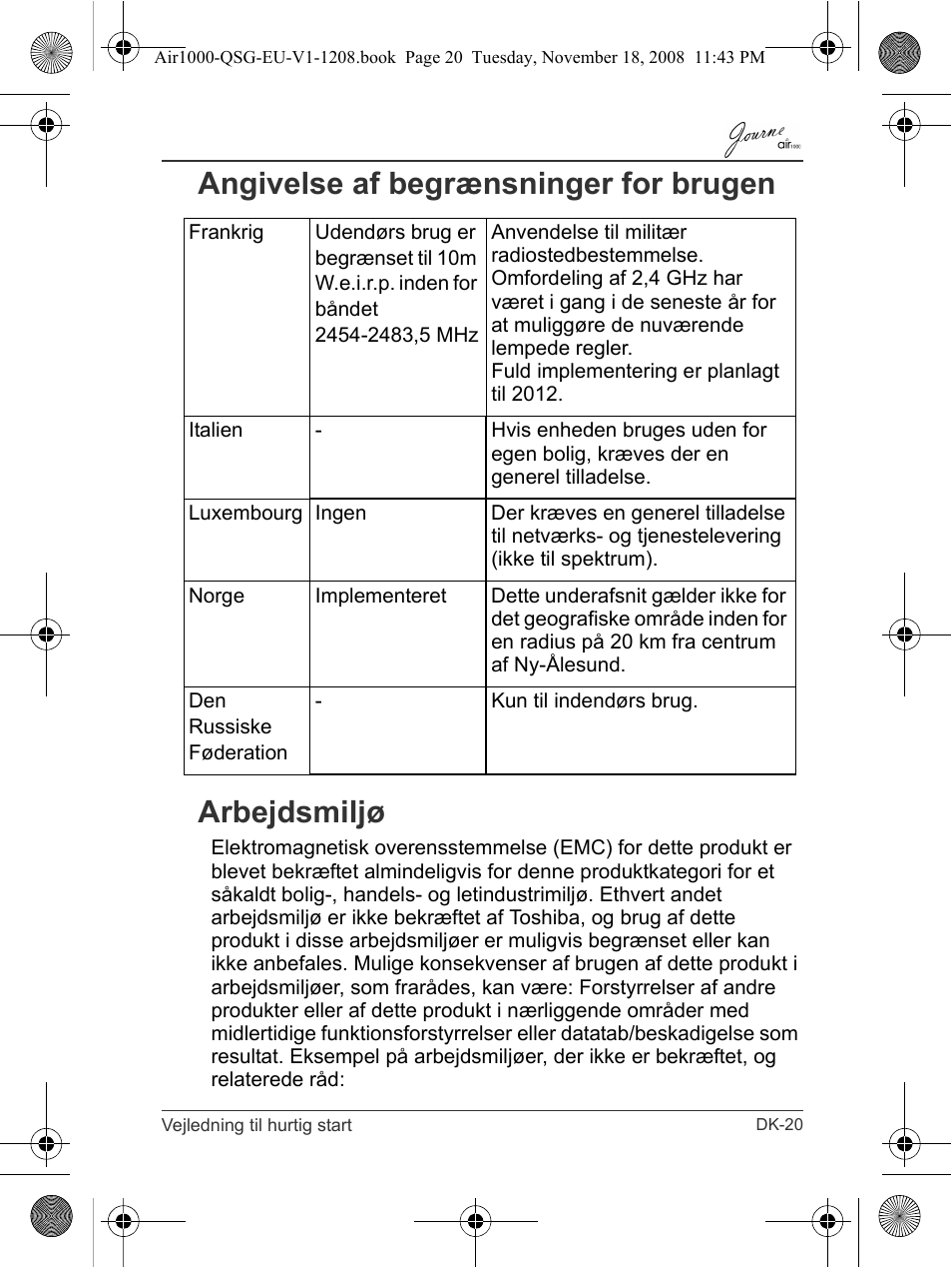 Angivelse af begrænsninger for brugen arbejdsmiljø | Toshiba JournE Air1000 User Manual | Page 69 / 256