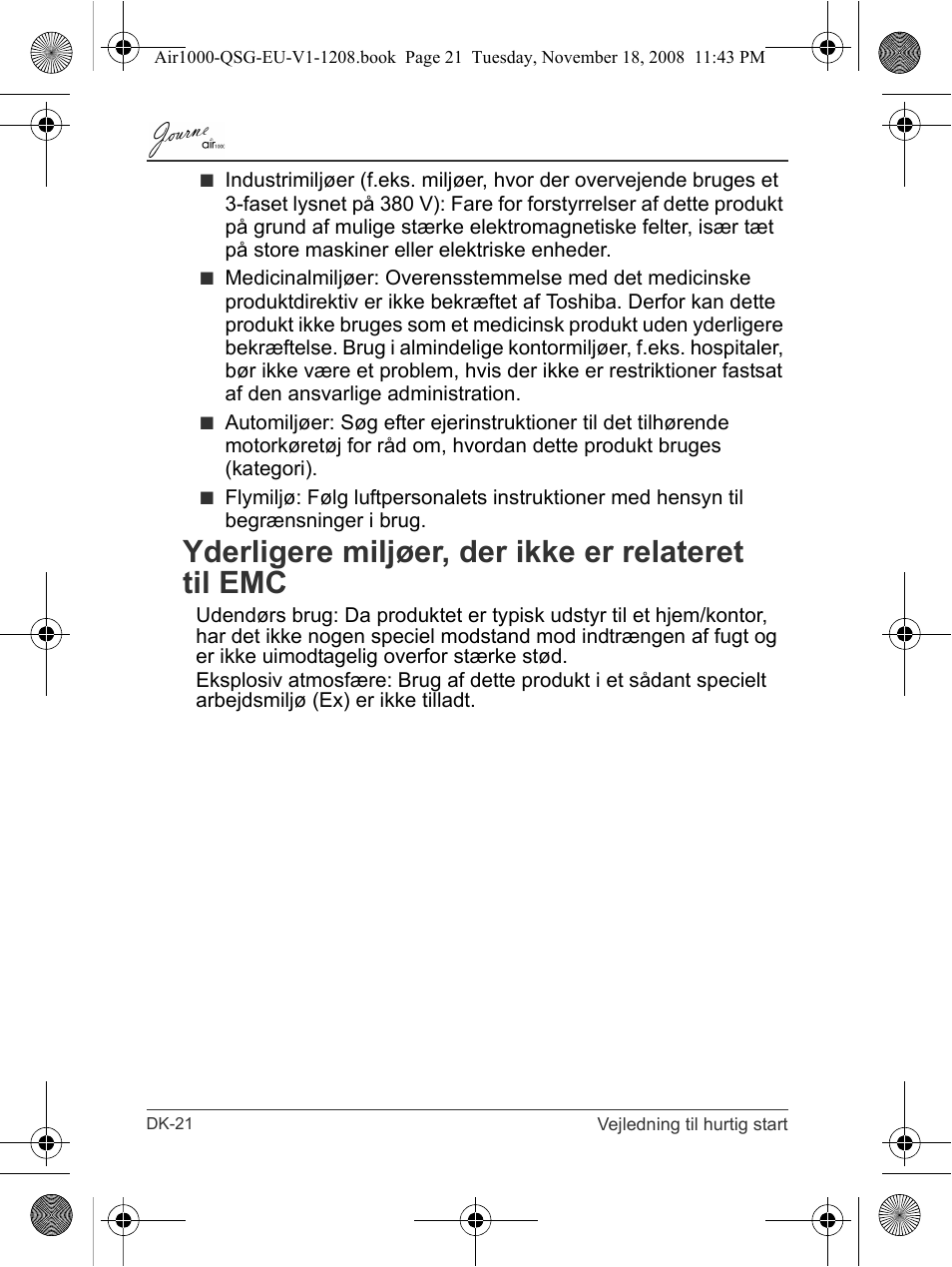 Yderligere miljøer, der ikke er relateret til emc | Toshiba JournE Air1000 User Manual | Page 70 / 256