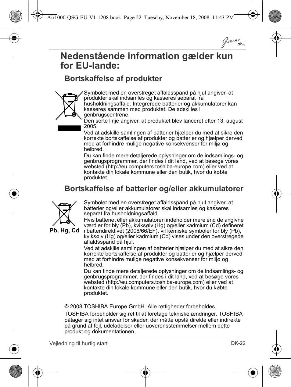 Nedenstående information gælder kun for eu-lande | Toshiba JournE Air1000 User Manual | Page 71 / 256