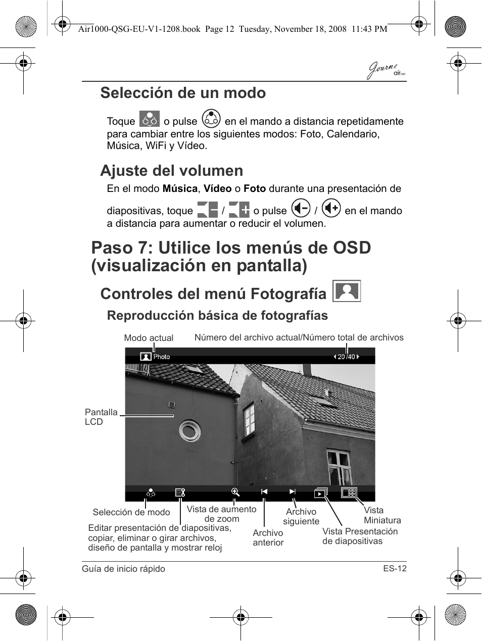 Selección de un modo ajuste del volumen, Controles del menú fotografía, Reproducción básica de fotografías | Selección de un modo, Ajuste del volumen | Toshiba JournE Air1000 User Manual | Page 83 / 256