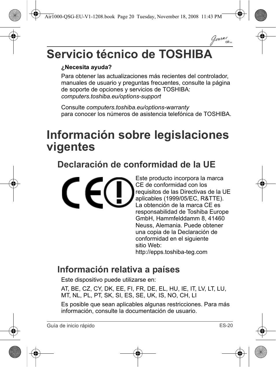 Servicio técnico de toshiba, Información sobre legislaciones vigentes | Toshiba JournE Air1000 User Manual | Page 91 / 256