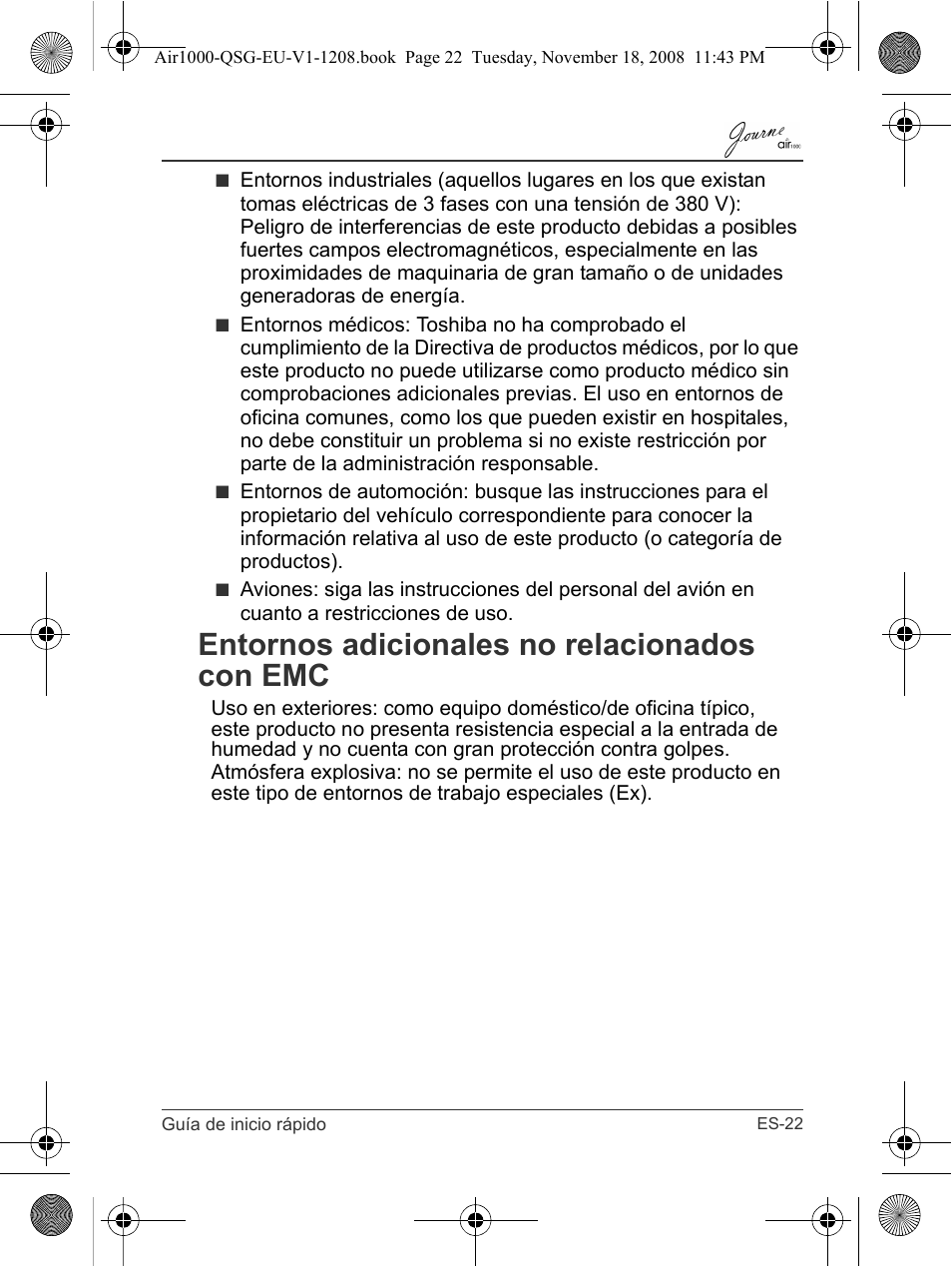 Entornos adicionales no relacionados con emc | Toshiba JournE Air1000 User Manual | Page 93 / 256