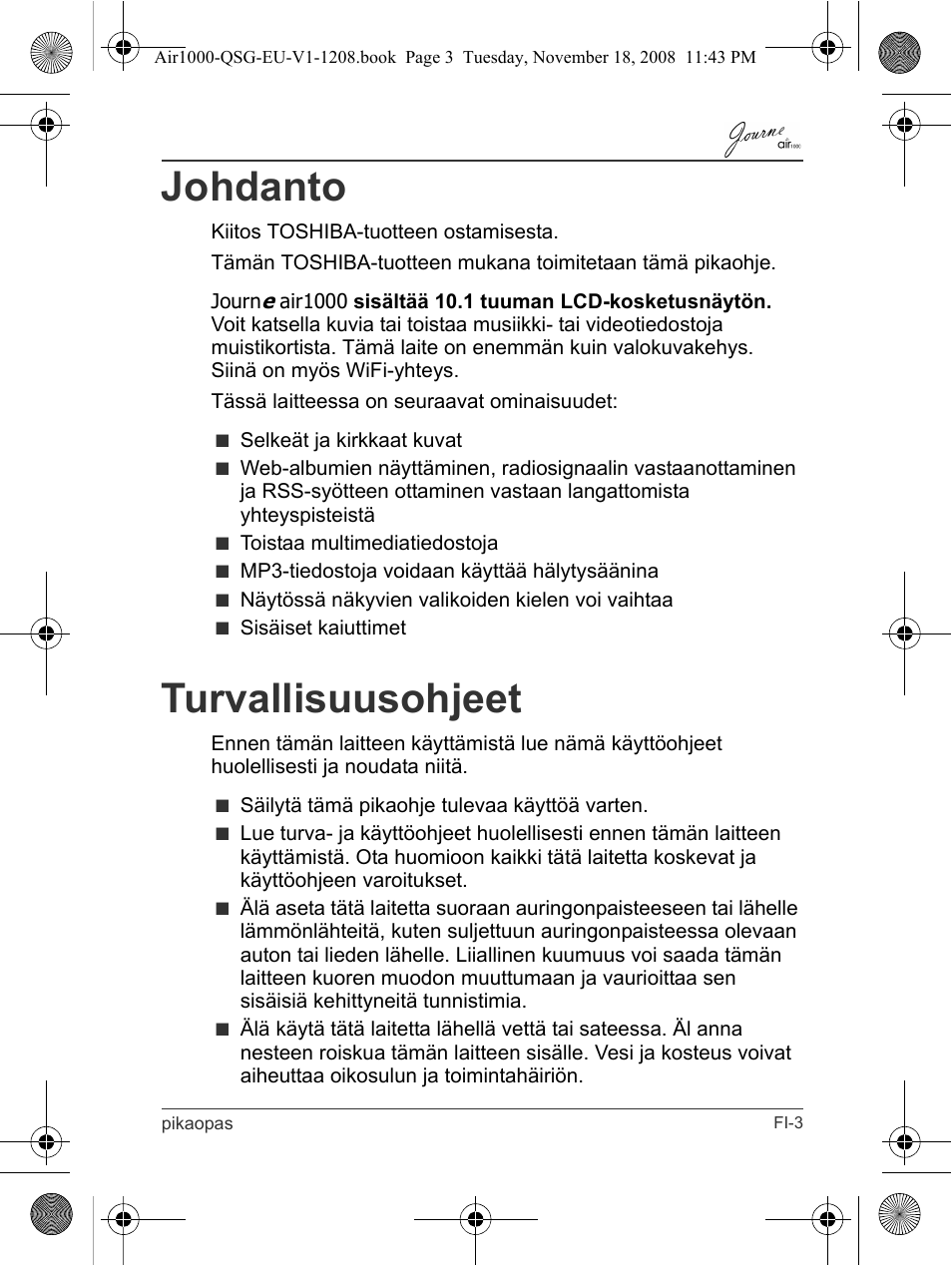 Johdanto, Turvallisuusohjeet | Toshiba JournE Air1000 User Manual | Page 97 / 256