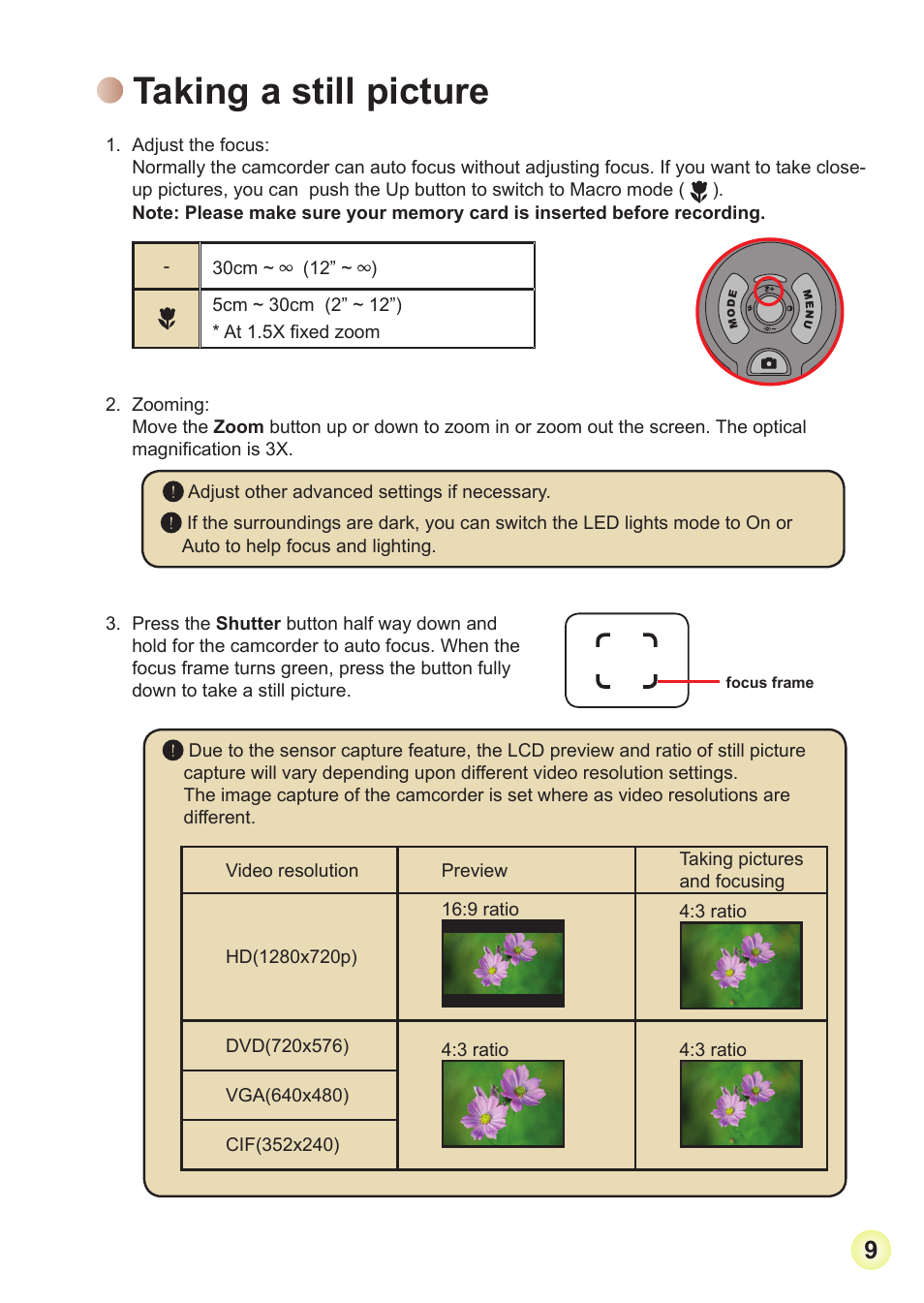 Taking a still picture | Toshiba Camileo Pro HD User Manual | Page 10 / 194