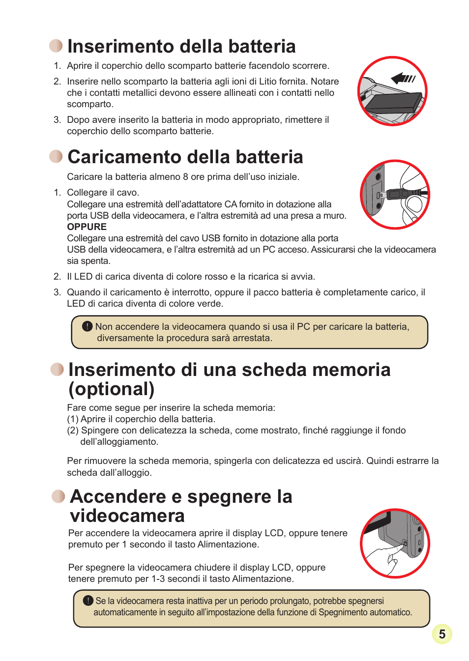 Inserimento della batteria, Caricamento della batteria, Inserimento di una scheda memoria (optional) | Accendere e spegnere la videocamera | Toshiba Camileo Pro HD User Manual | Page 102 / 194