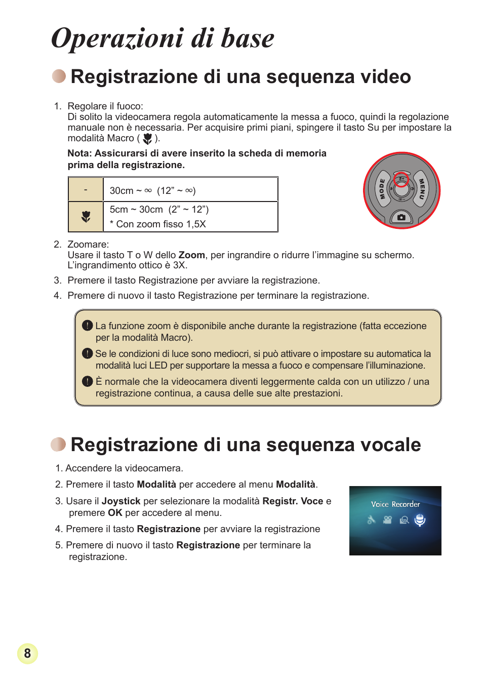 Operazioni di base, Registrazione di una sequenza video, Registrazione di una sequenza vocale | Toshiba Camileo Pro HD User Manual | Page 105 / 194