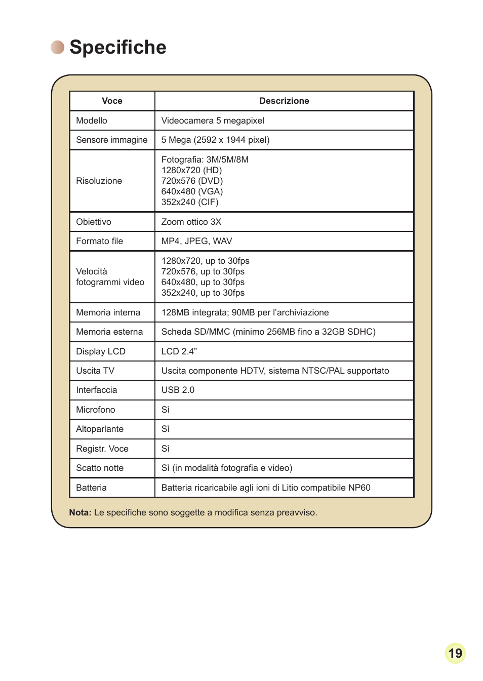Specifiche | Toshiba Camileo Pro HD User Manual | Page 116 / 194