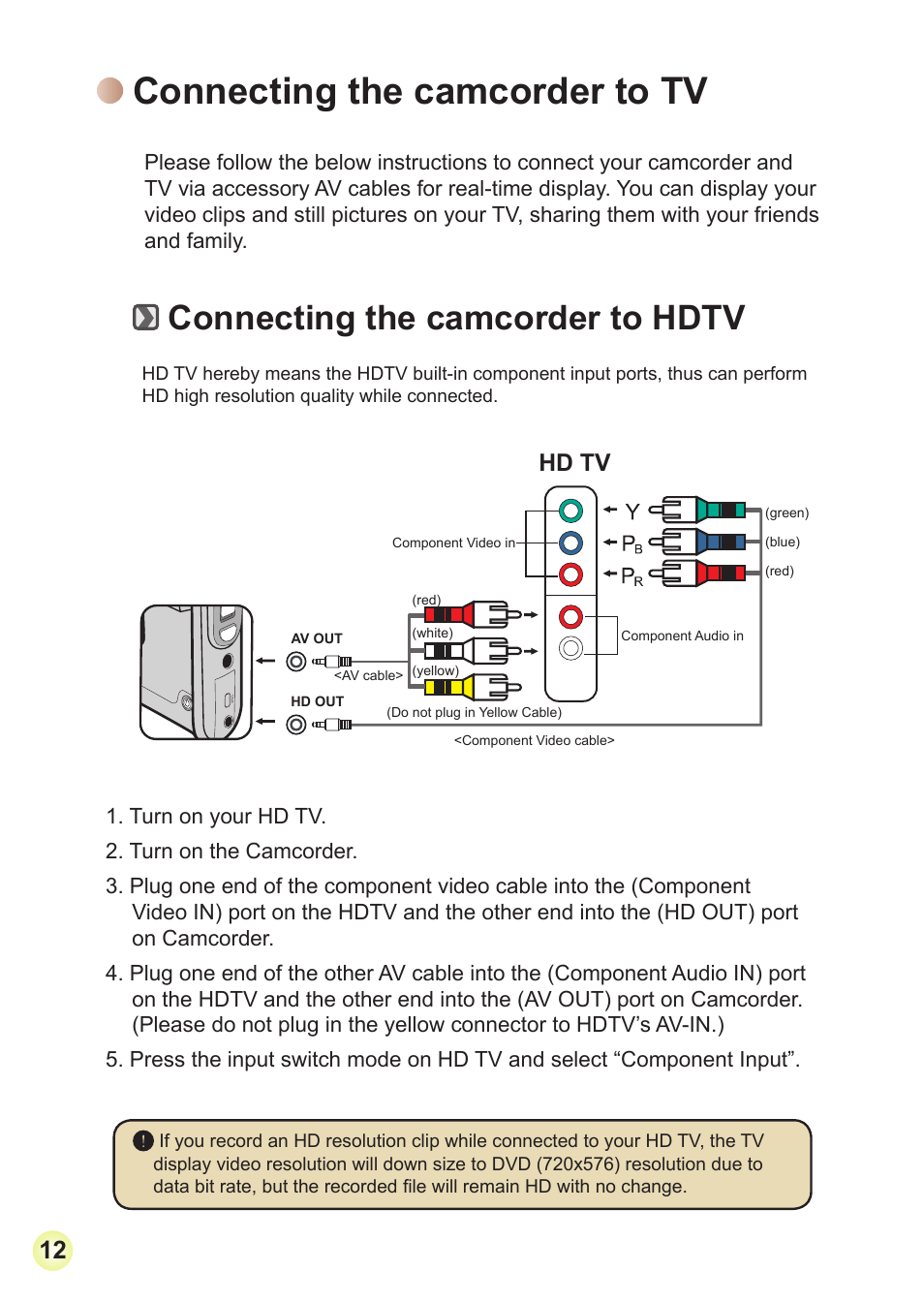 Connecting the camcorder to tv, Connecting the camcorder to hdtv, Hd tv | Toshiba Camileo Pro HD User Manual | Page 13 / 194