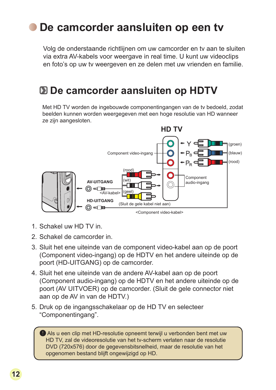 De camcorder aansluiten op een tv, De camcorder aansluiten op hdtv, Hd tv | Toshiba Camileo Pro HD User Manual | Page 133 / 194