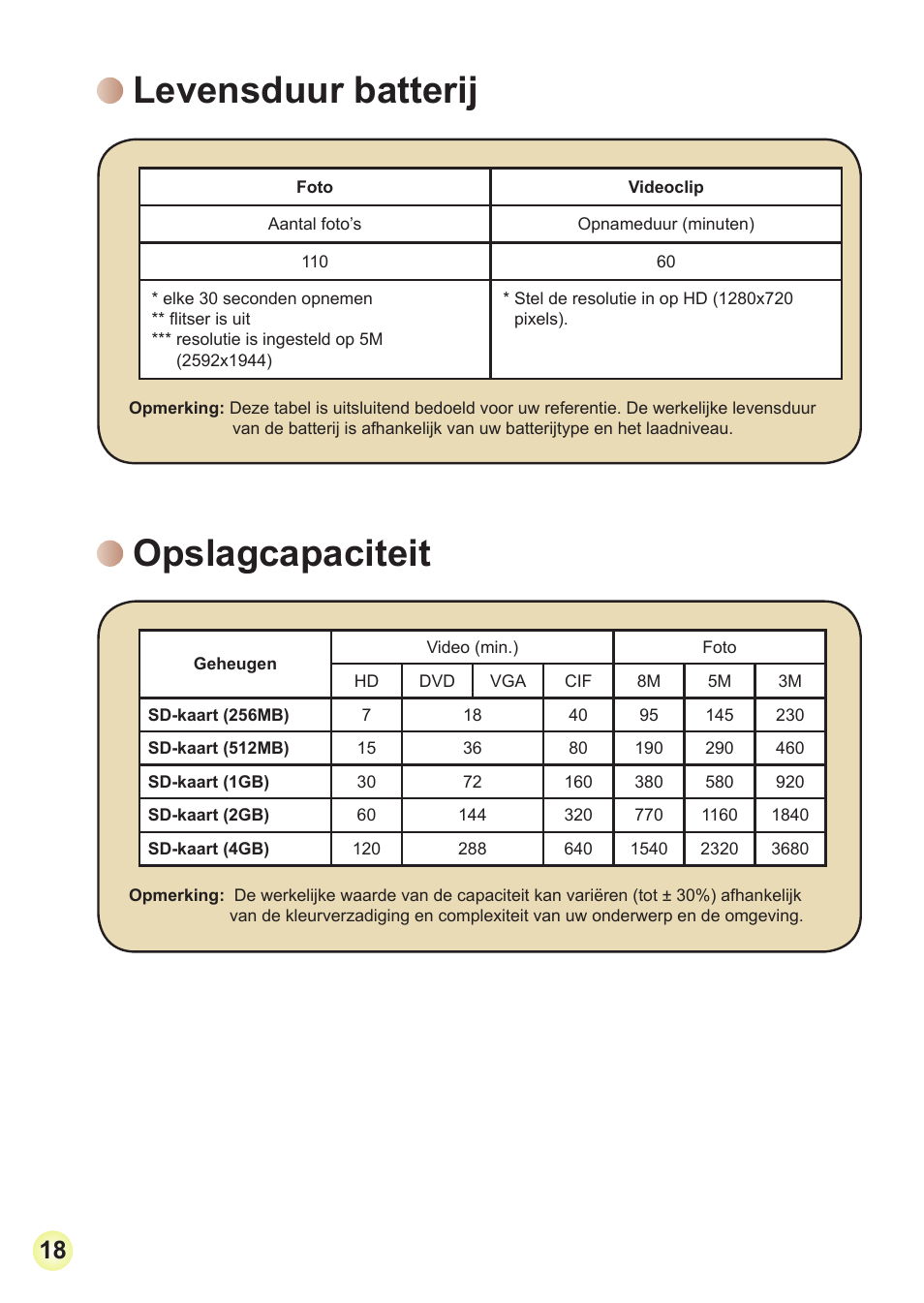 Levensduur batterij, Opslagcapaciteit, Levensduur batterij opslagcapaciteit | Toshiba Camileo Pro HD User Manual | Page 139 / 194